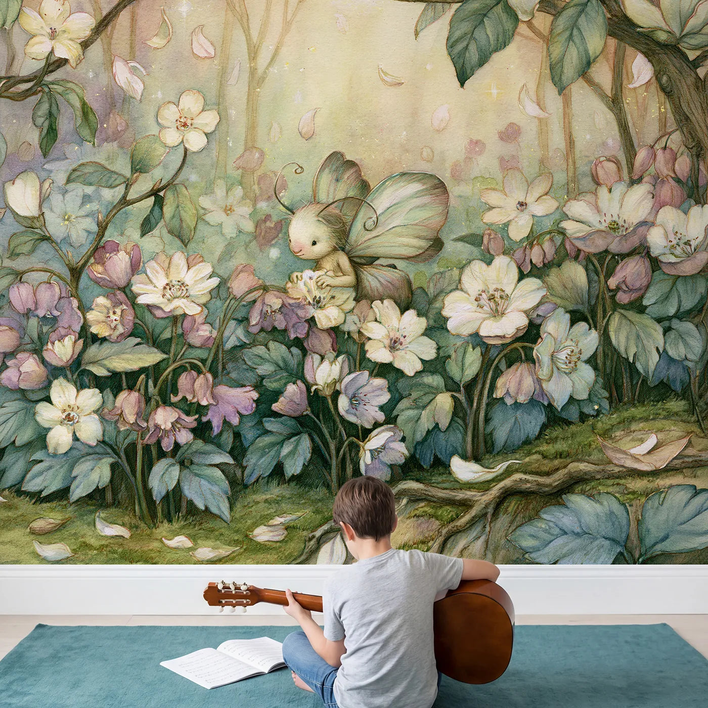 Child in nursery with Little Flower Sprite Wallpaper Mural by Whimsy Tots