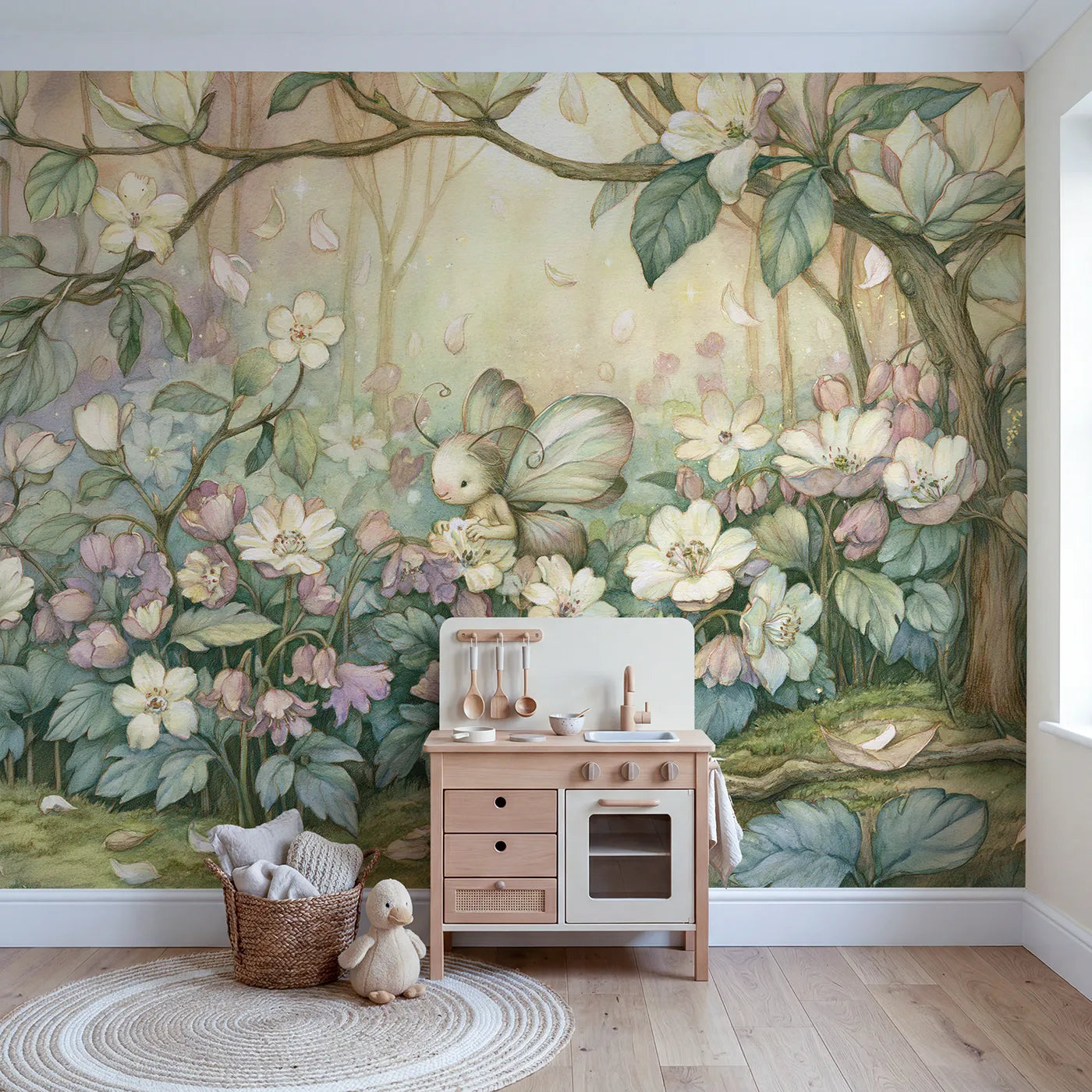 Little Flower Sprite Wallpaper Mural in playroom setting by Whimsy Tots