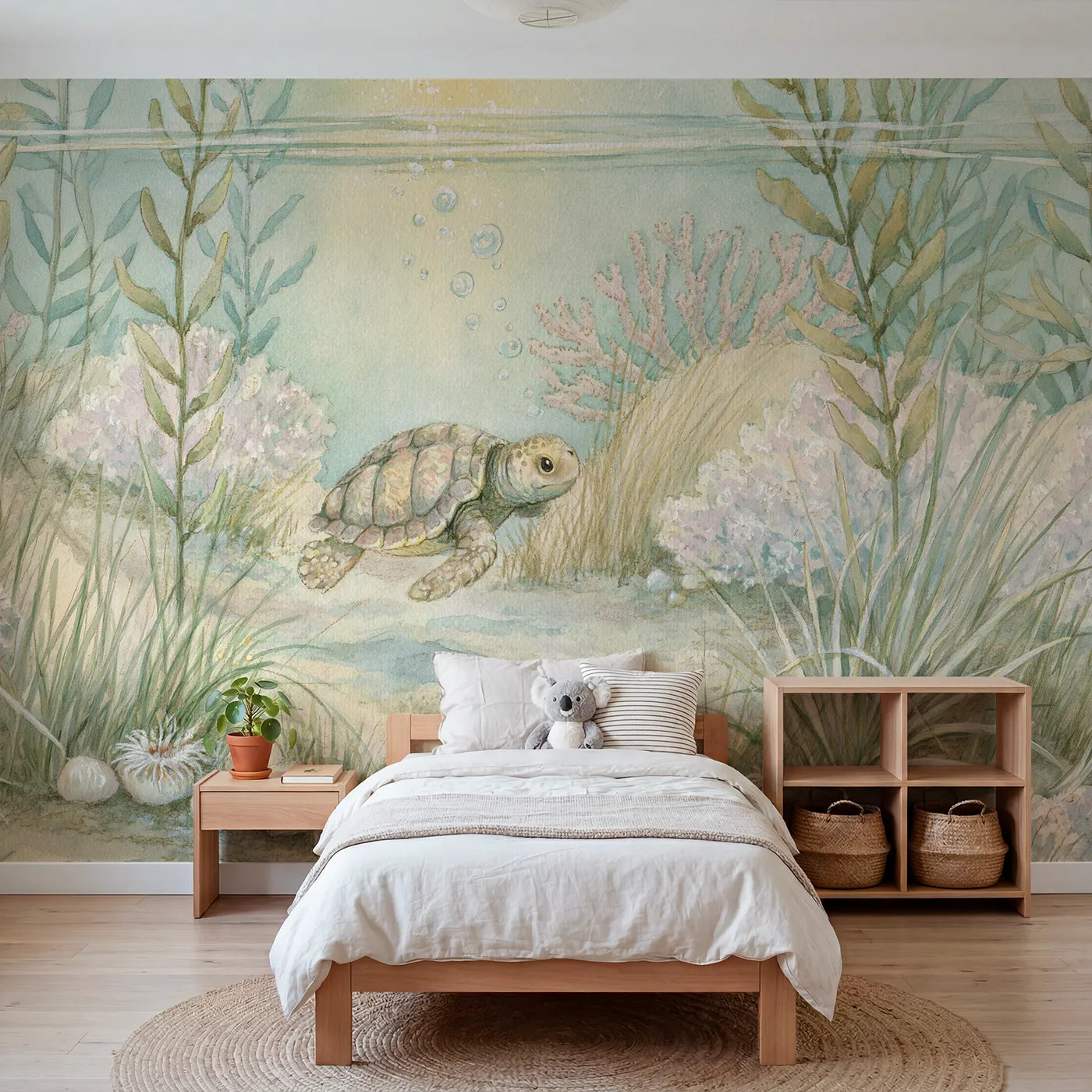 Storybook wall mural of a gentle sea turtle gliding on cool cream by Whimsy Tots