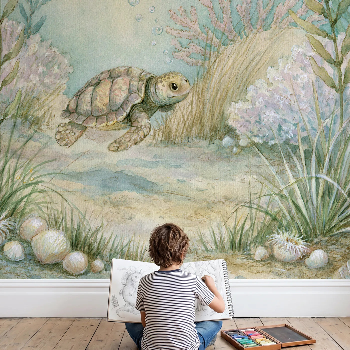 Child in nursery with Enchanted Sea Turtle Wallpaper Mural by Whimsy Tots