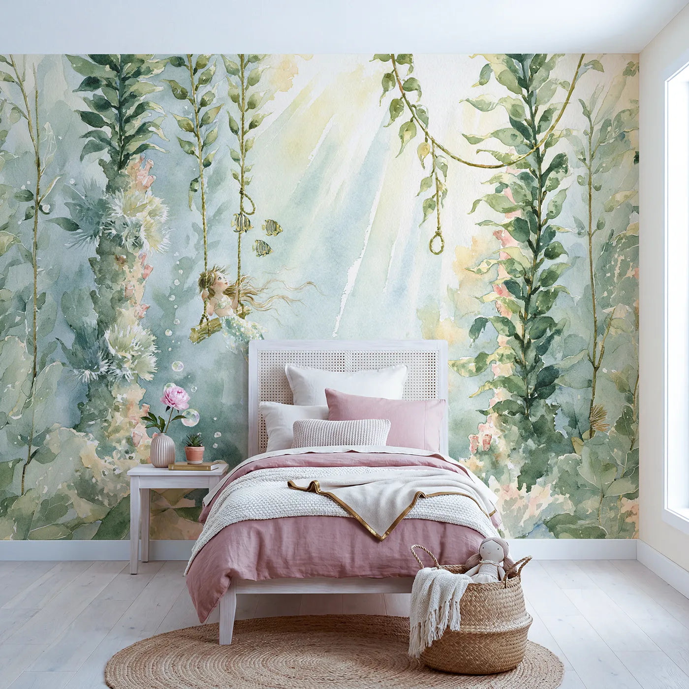 Watercolor mermaid on a kelp swing between coral spires, mural for a playroom by Whimsy Tots