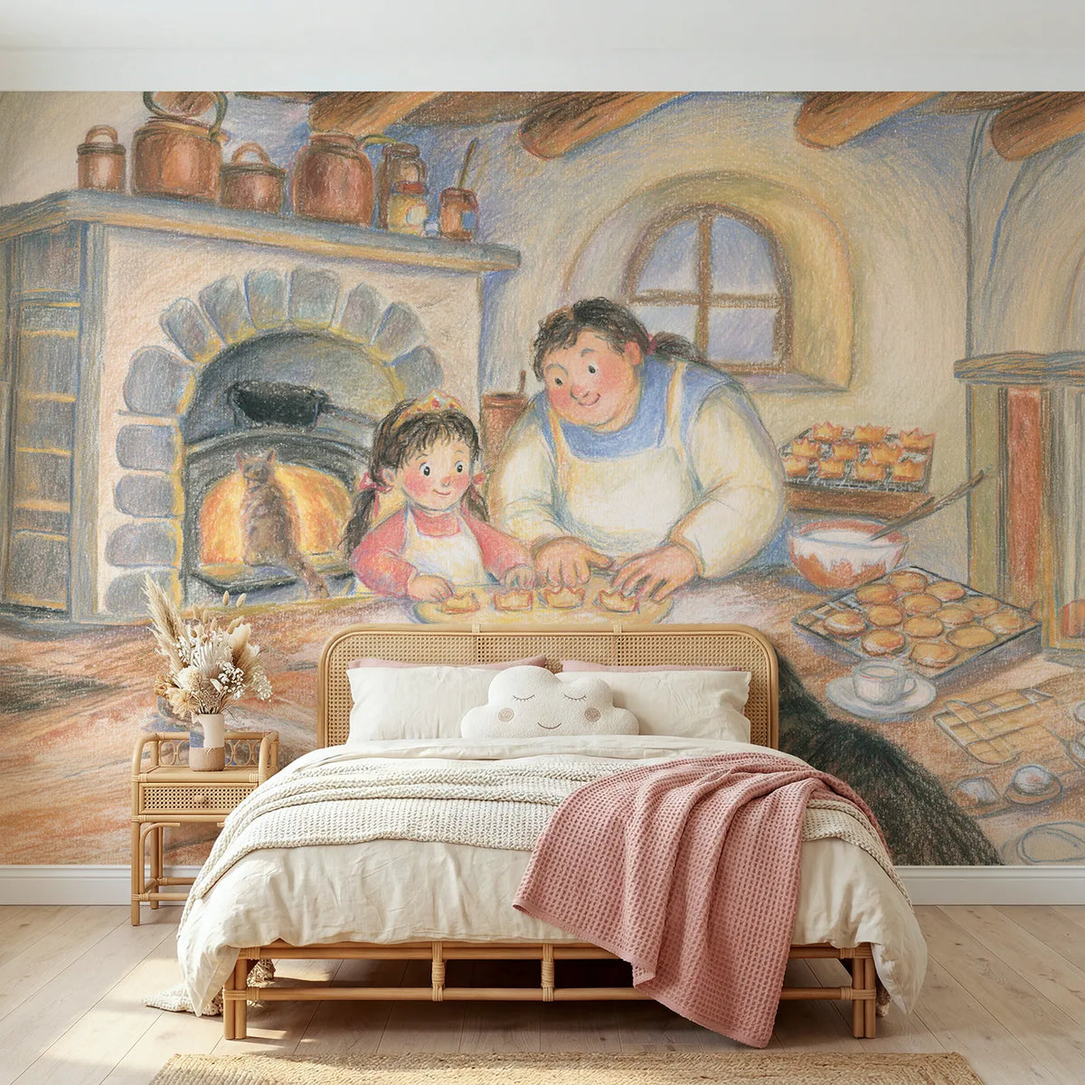 Colored Pencil princess and cook cutting crown cookies, mural for a shared kids room by Whimsy Tots