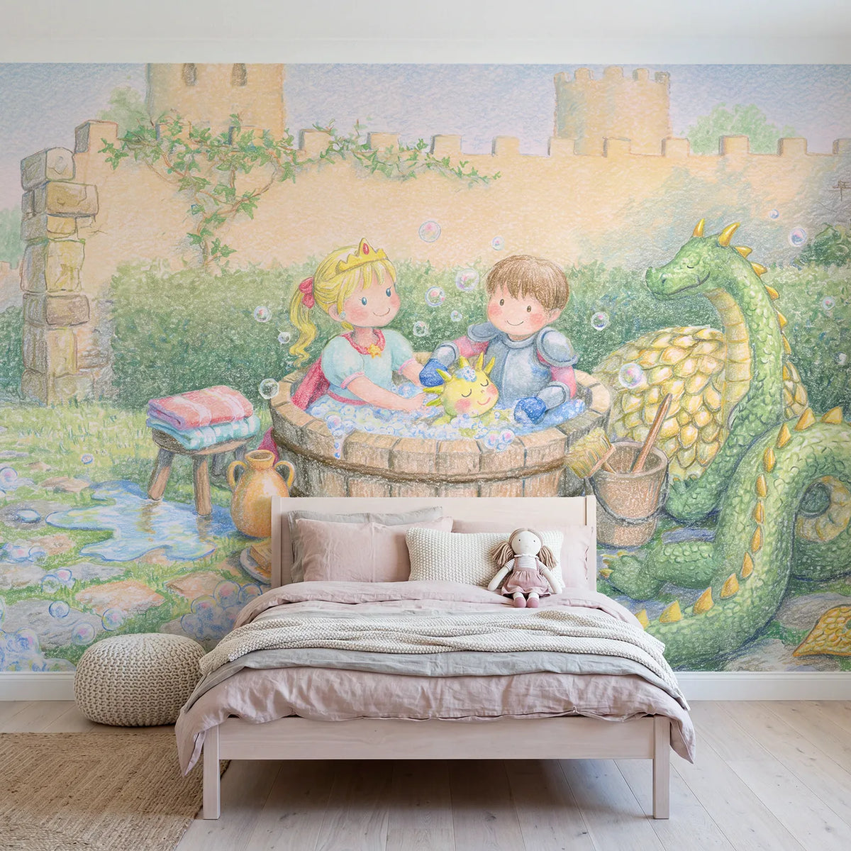Colored Pencil small dragon being bathed in a wooden tub, mural for a toddler room by Whimsy Tots