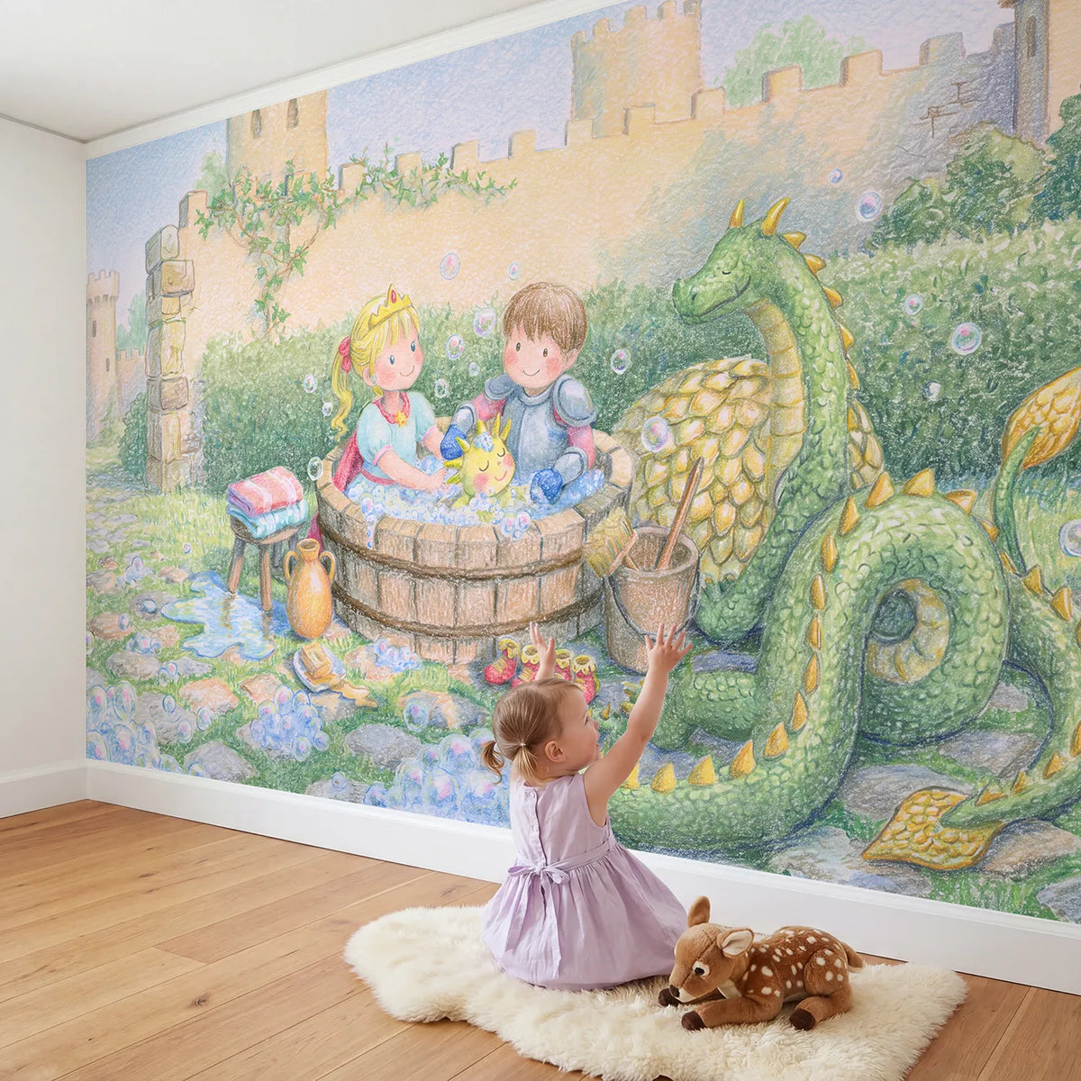 Child in nursery with Dragon Bath Time Wallpaper Mural by Whimsy Tots