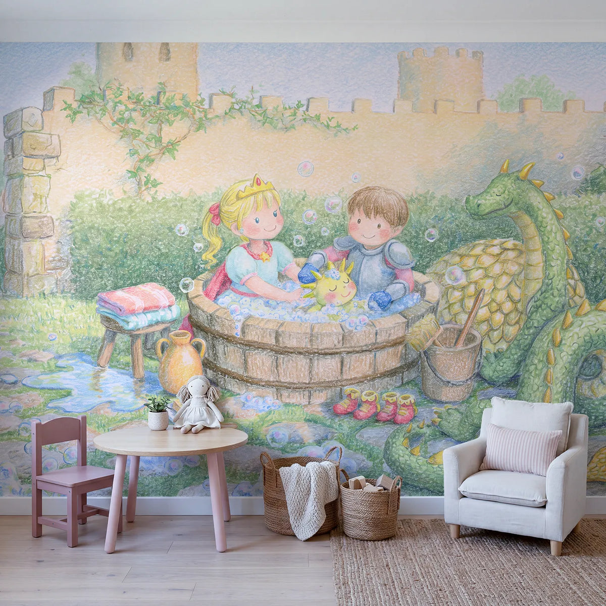 Dragon Bath Time Wallpaper Mural in playroom setting by Whimsy Tots