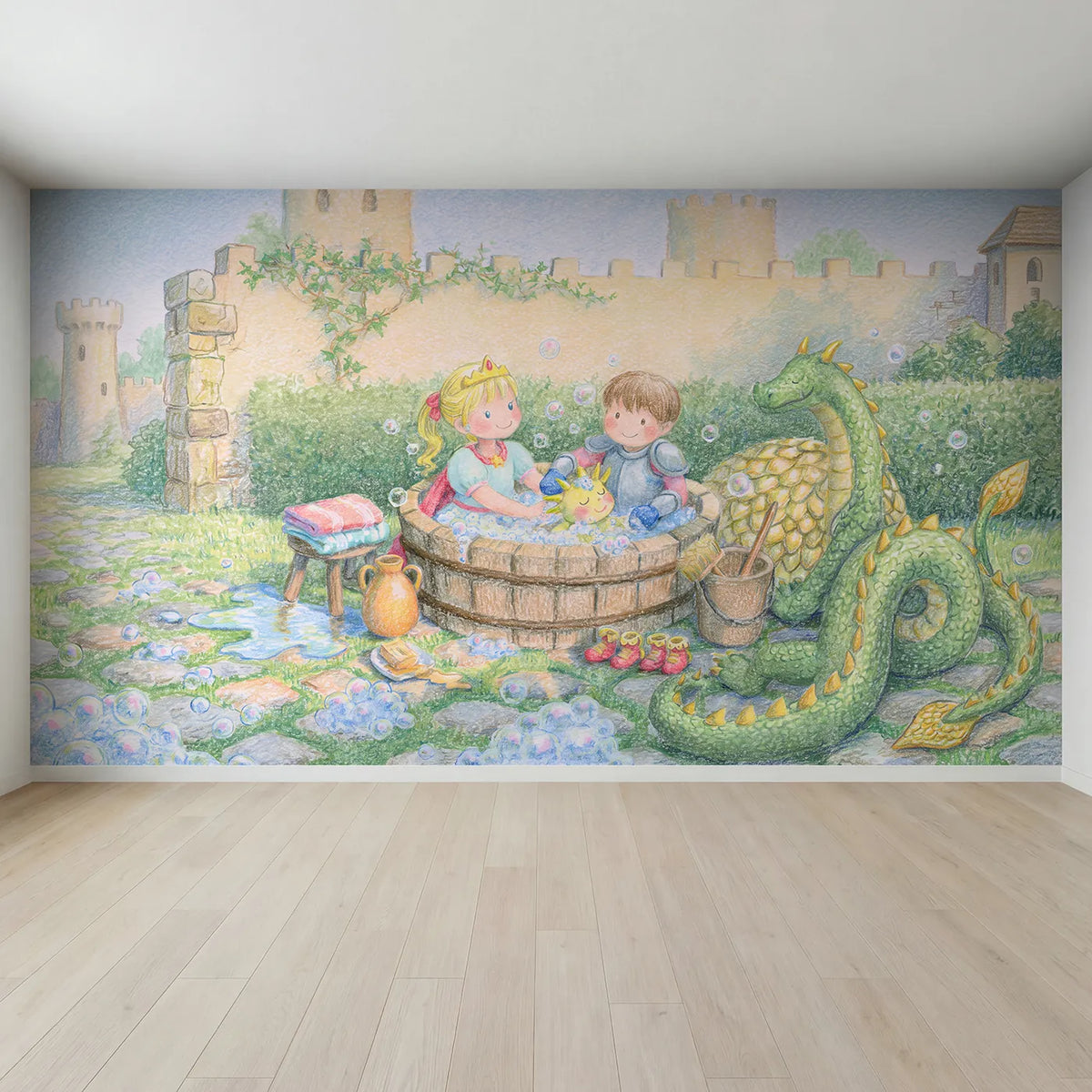 Full view of Dragon Bath Time Wallpaper Mural by Whimsy Tots
