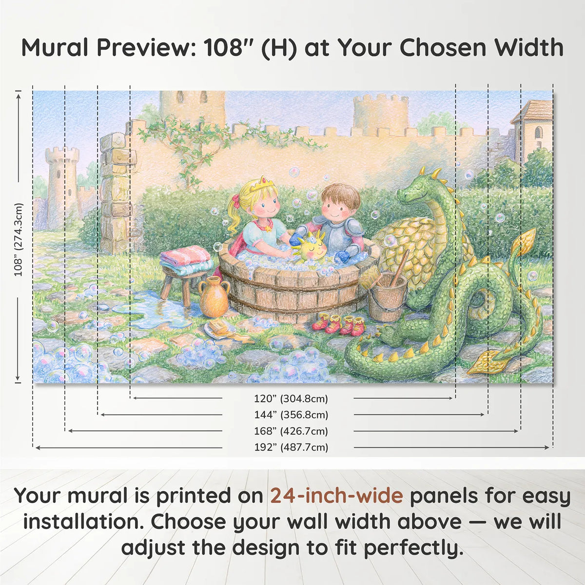 Panel layout and dimensions for Dragon Bath Time Wallpaper Mural by Whimsy Tots