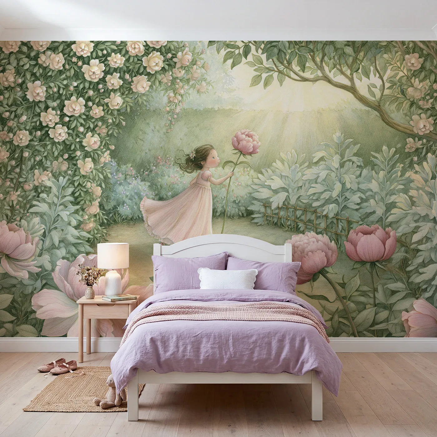 Storybook wall mural of a princess strolling a garden on soft blush by Whimsy Tots