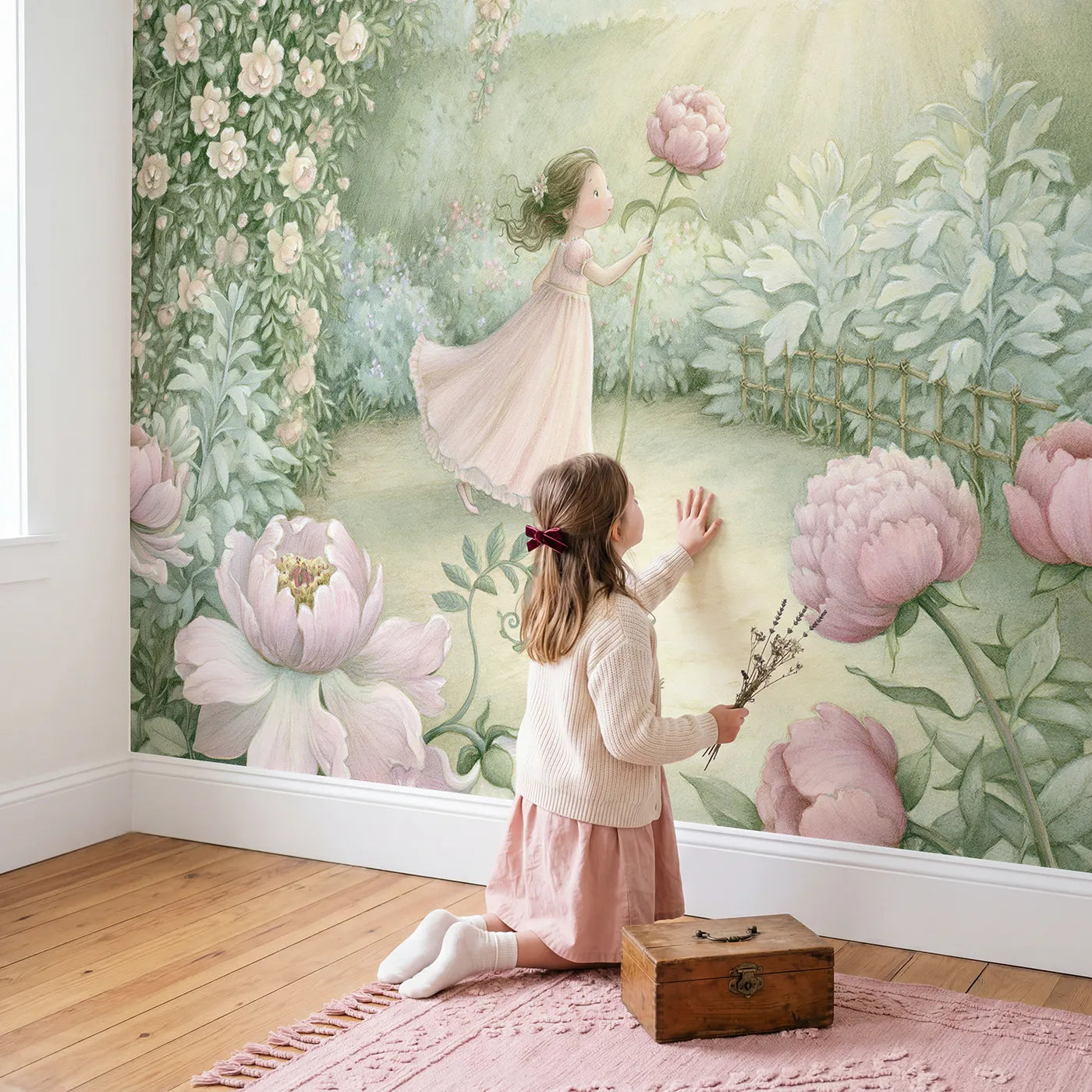 Child in nursery with Princess Garden Stroll Wallpaper Mural by Whimsy Tots