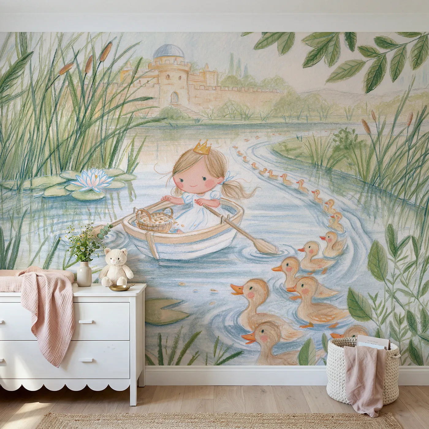 Colored Pencil princess rowing the moat with ducklings, mural for a big-kid bedroom by Whimsy Tots