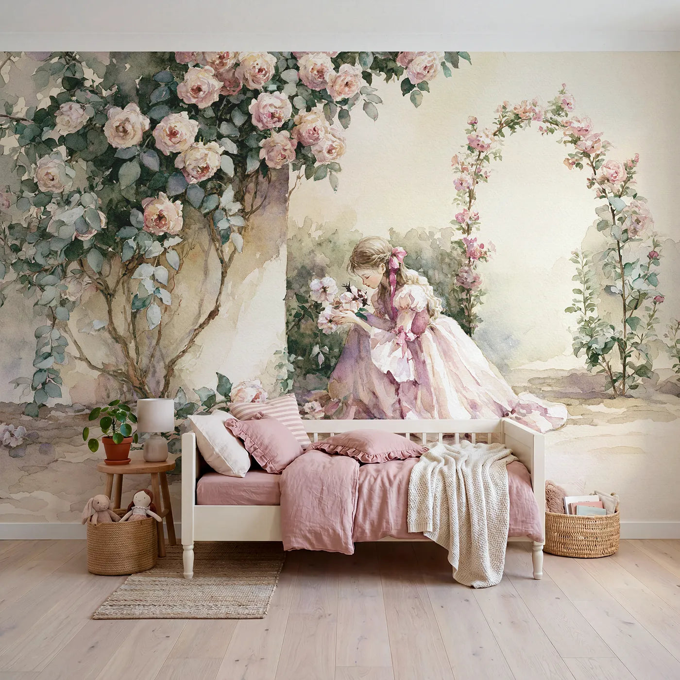 Watercolor wall mural of a princess tending roses on soft blush by Whimsy Tots