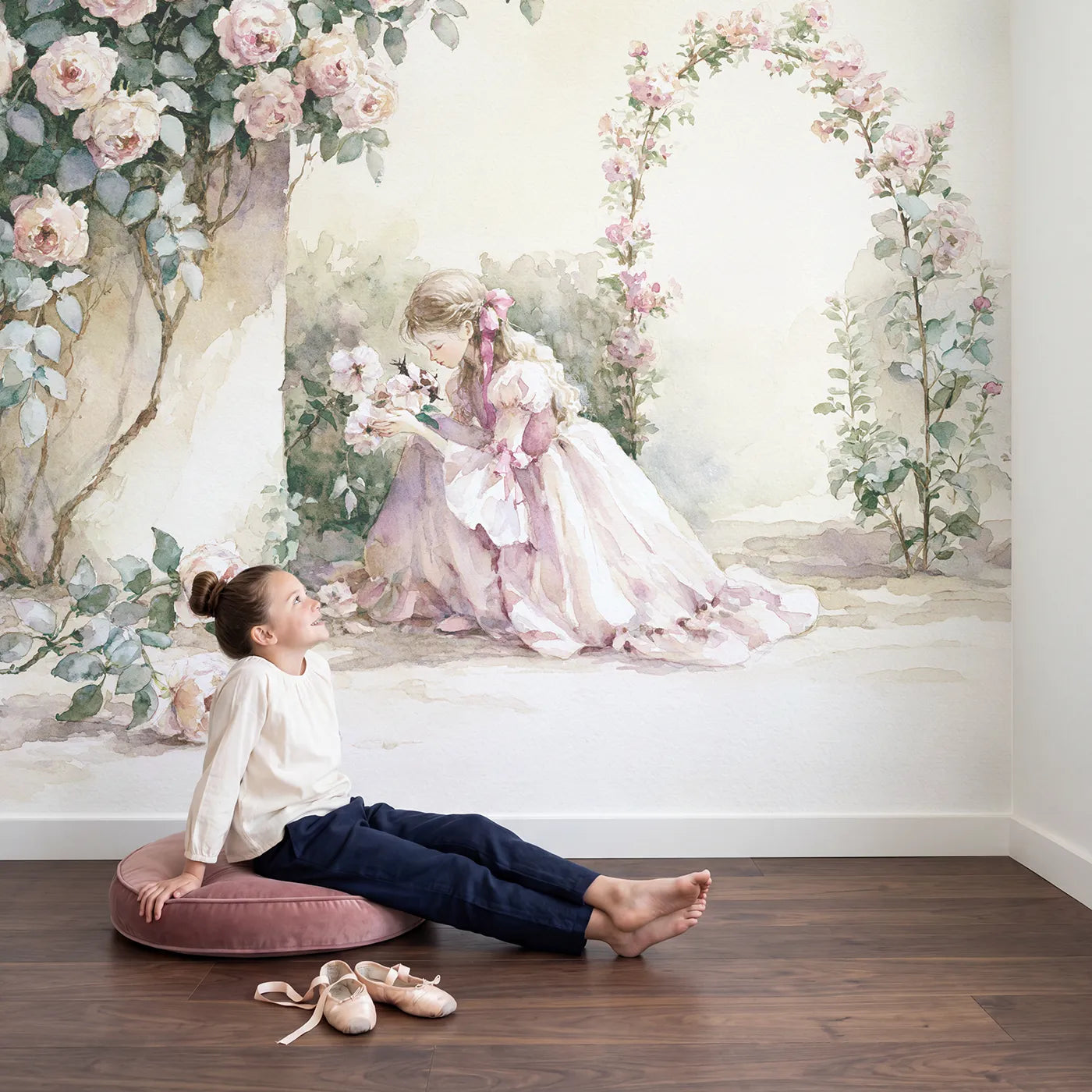 Child in nursery with Princess Rose Garden Wallpaper Mural by Whimsy Tots