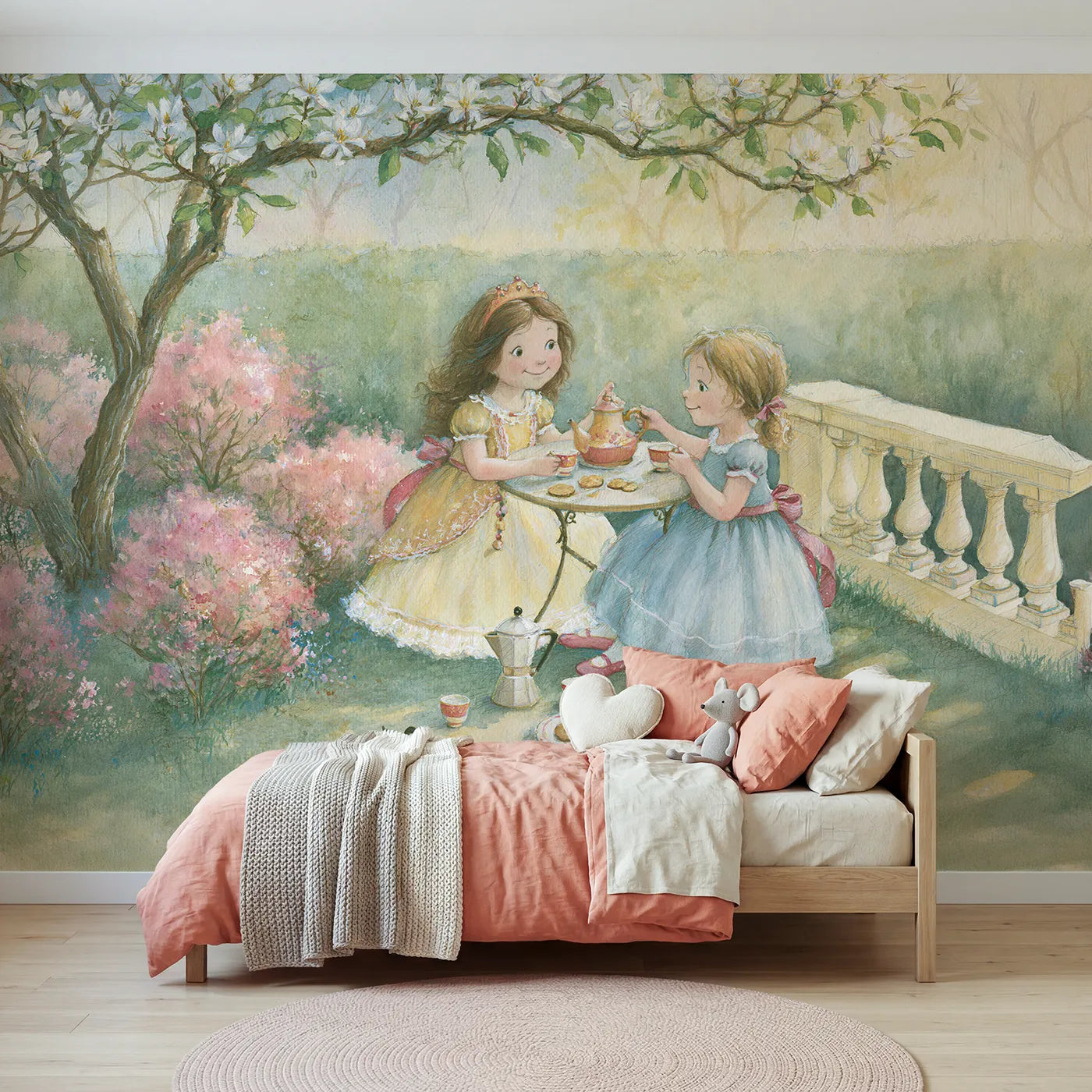 Storybook wall mural of a princess tea party on soft blush by Whimsy Tots