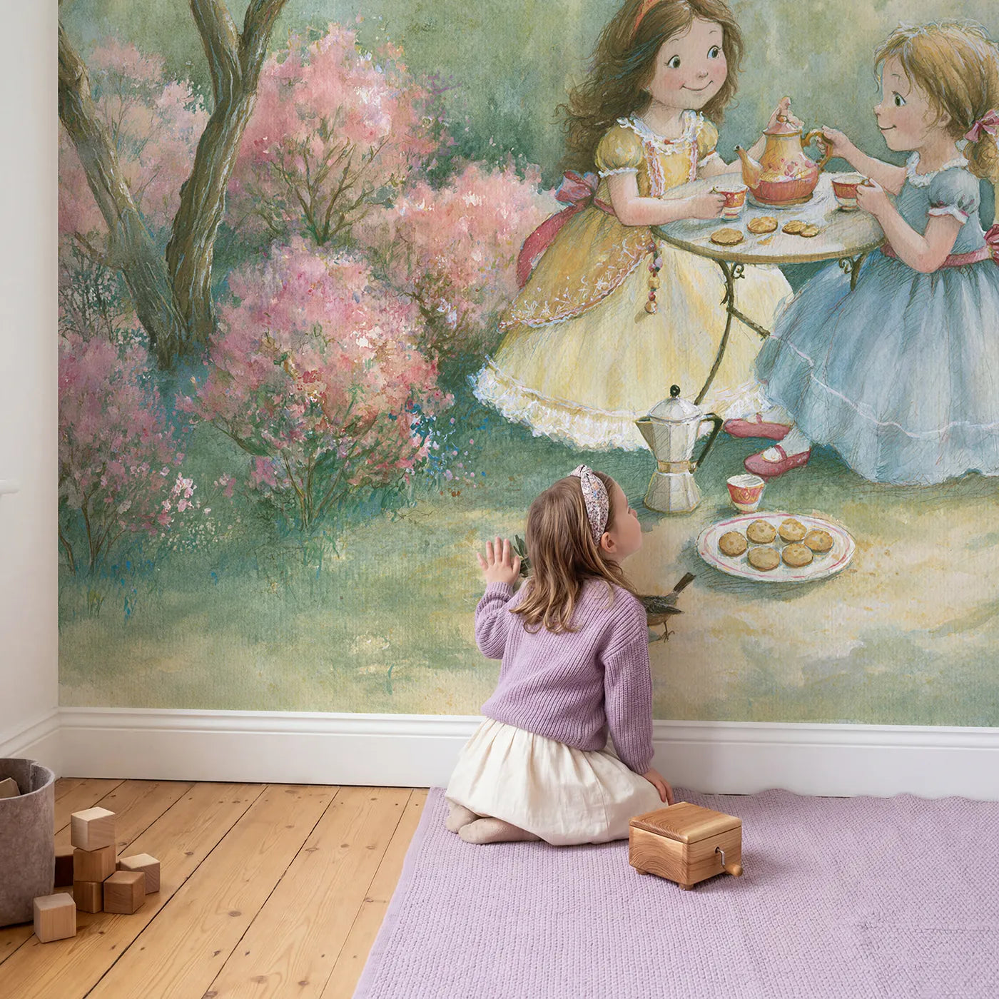 Child in nursery with Princess Tea Party Wallpaper Mural by Whimsy Tots