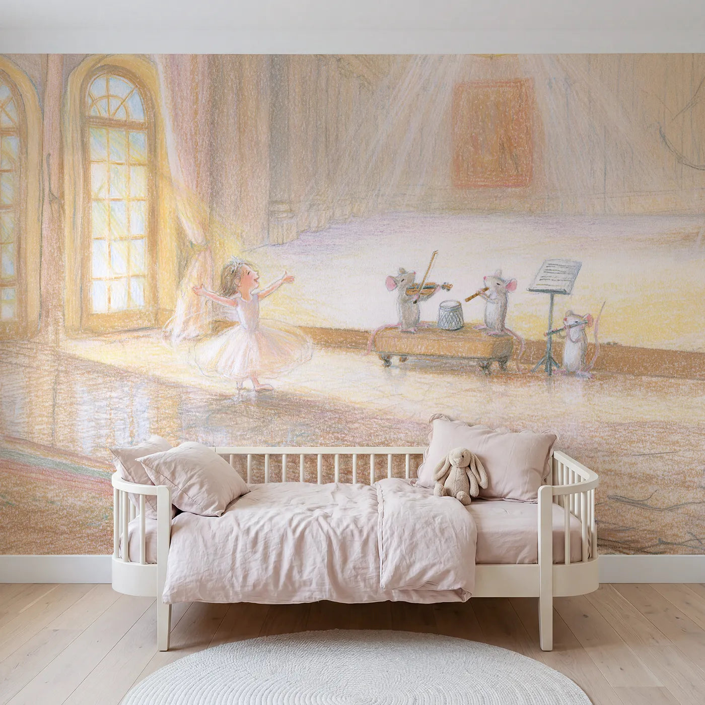 Colored Pencil princess twirling while mice musicians play, mural for a girls room by Whimsy Tots