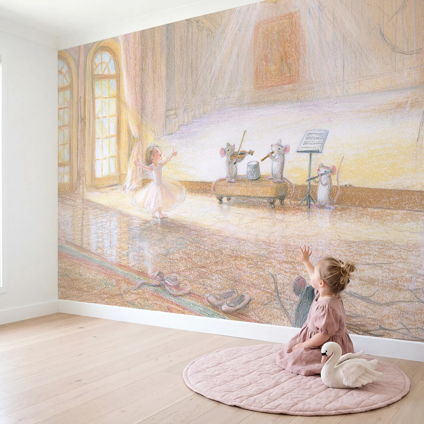 Child in nursery with Princess Twirl Lesson Wallpaper Mural by Whimsy Tots