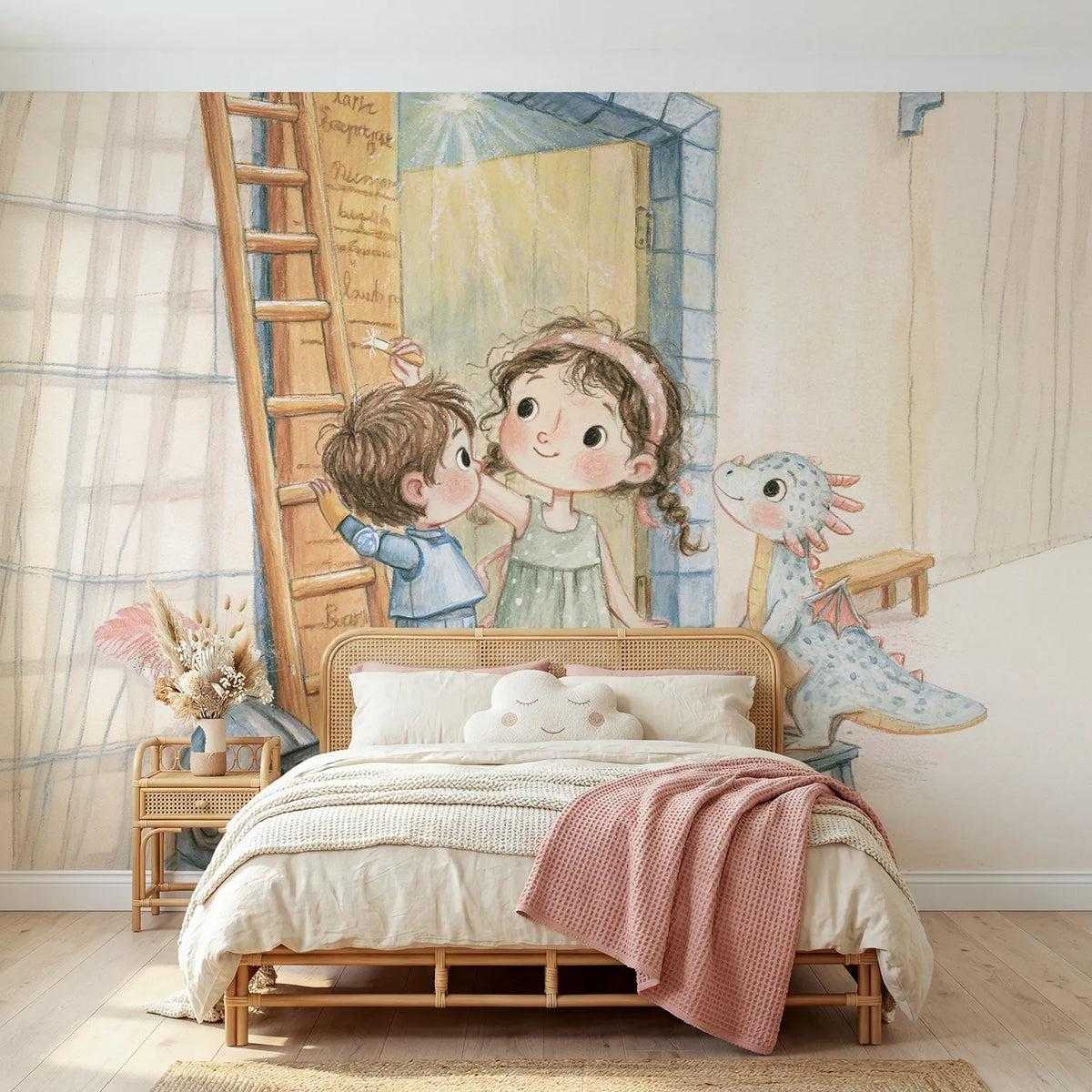 Colored Pencil height marks chalked up a castle doorframe, mural for a toddler room by Whimsy Tots