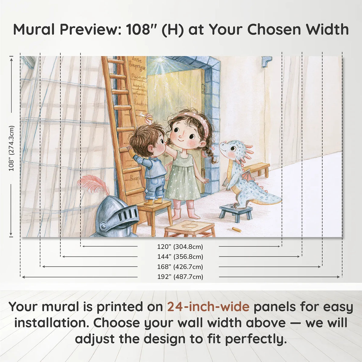 Panel layout and dimensions for Royal Height Chart Wallpaper Mural by Whimsy Tots