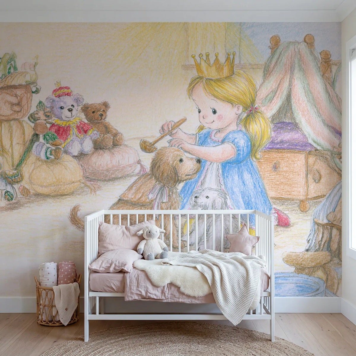 Colored Pencil princess knighting a proud puppy with a ladle, mural for a playroom by Whimsy Tots