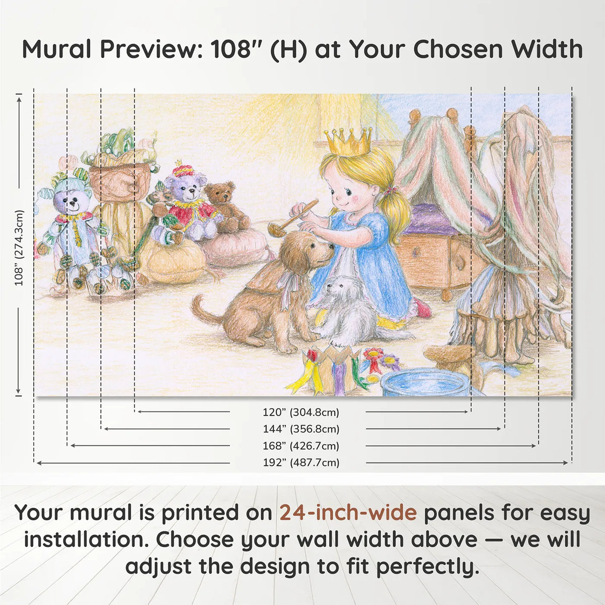 Panel layout and dimensions for Puppy Knighting Ceremony Wallpaper Mural by Whimsy Tots