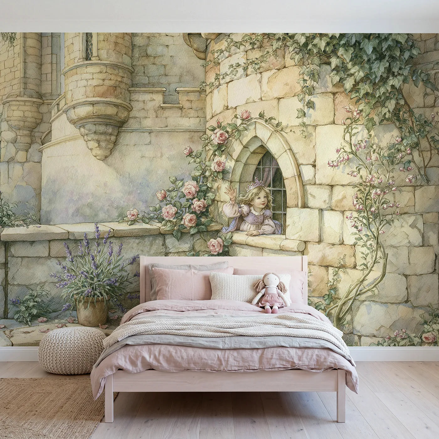 Storybook wall mural of a princess at a castle window on warm putty by Whimsy Tots