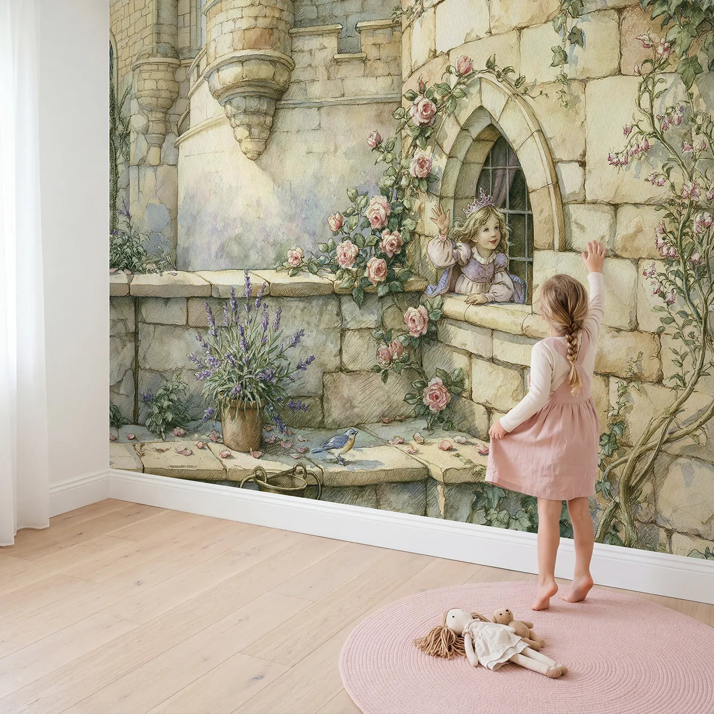 Child in nursery with Princess Castle Window Wallpaper Mural by Whimsy Tots