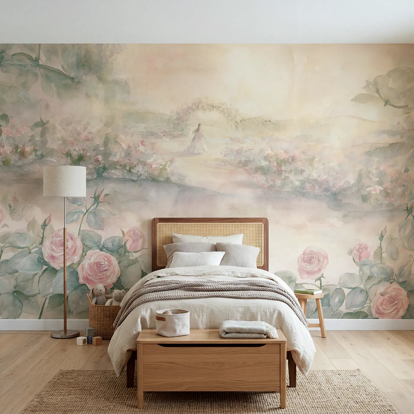 Watercolor wall mural of a princess in a misty rose garden on blush by Whimsy Tots