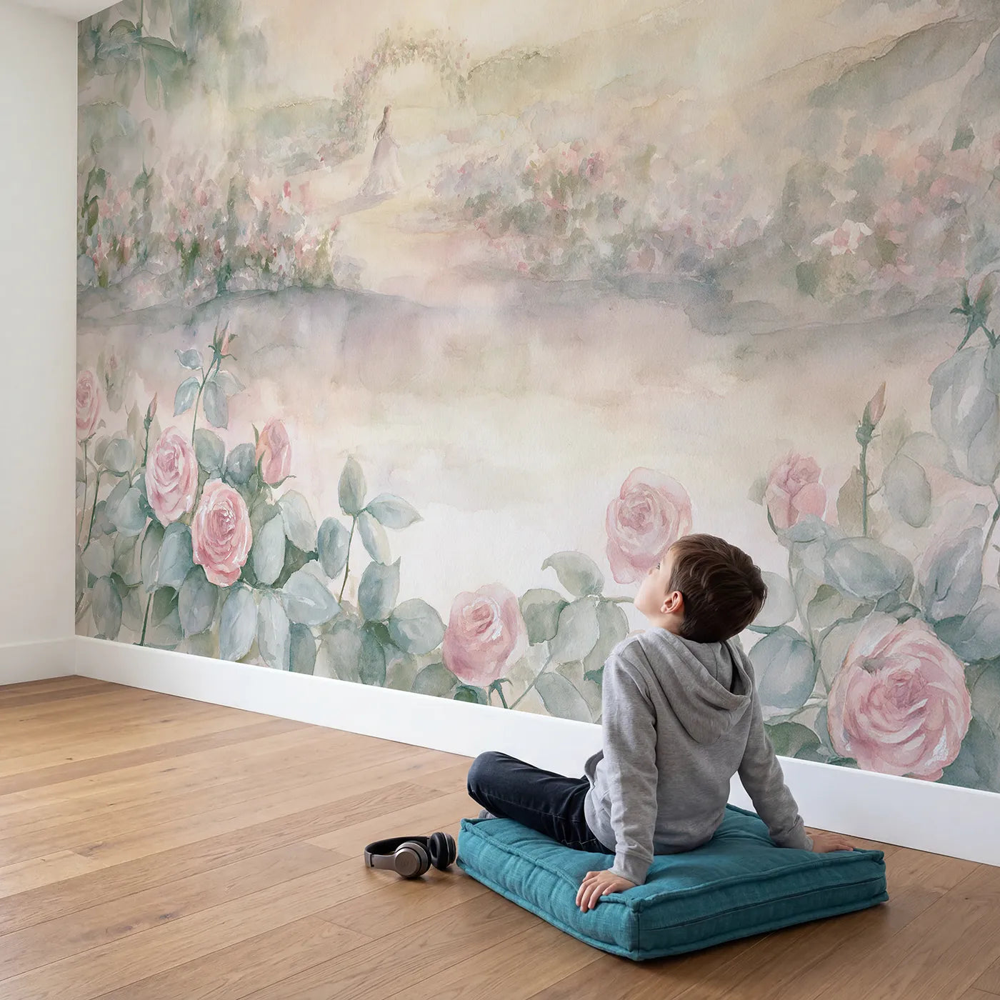 Child in nursery with Misty Princess Garden Wallpaper Mural by Whimsy Tots