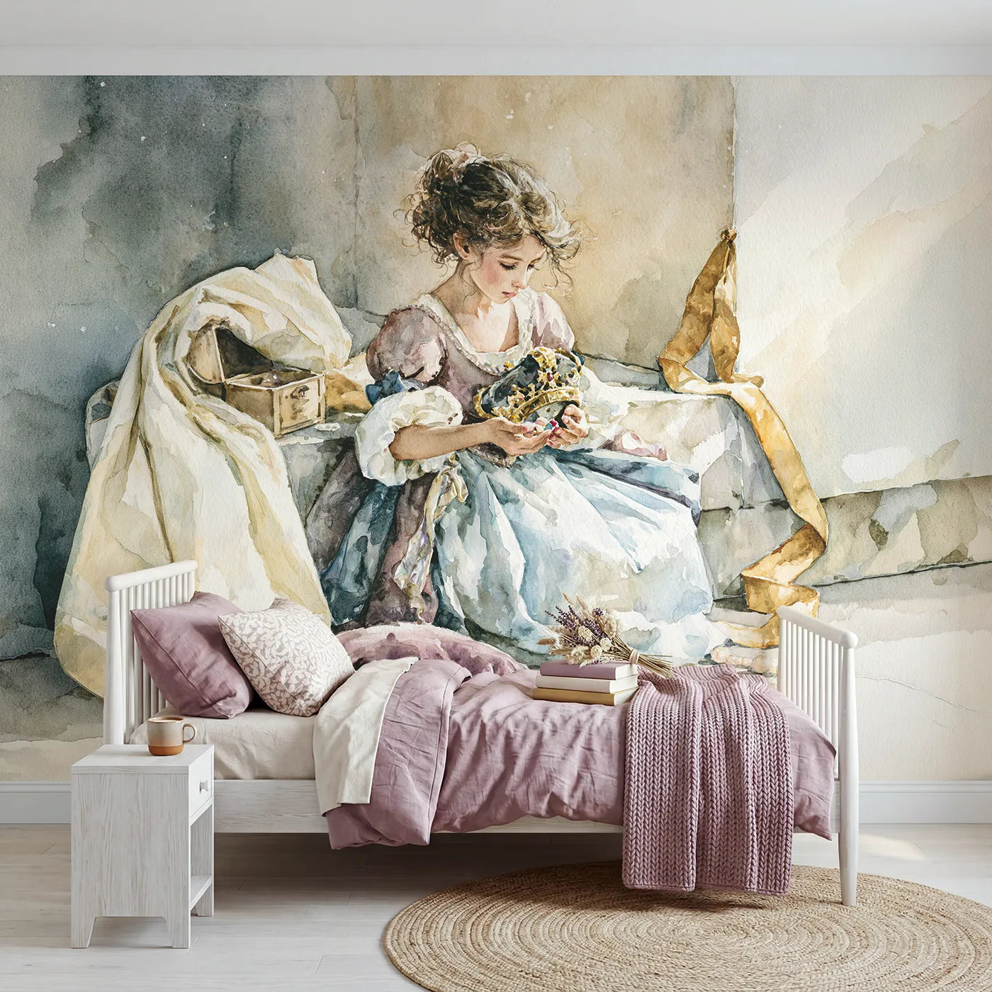 Watercolor wall mural of a princess admiring a crown on soft blush by Whimsy Tots