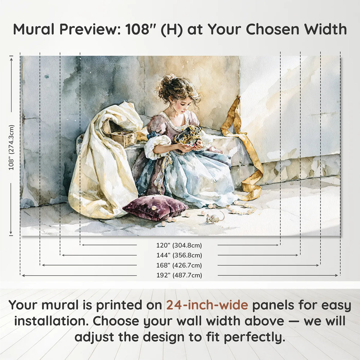 Panel layout and dimensions for Princess Crown Jewels Wallpaper Mural by Whimsy Tots