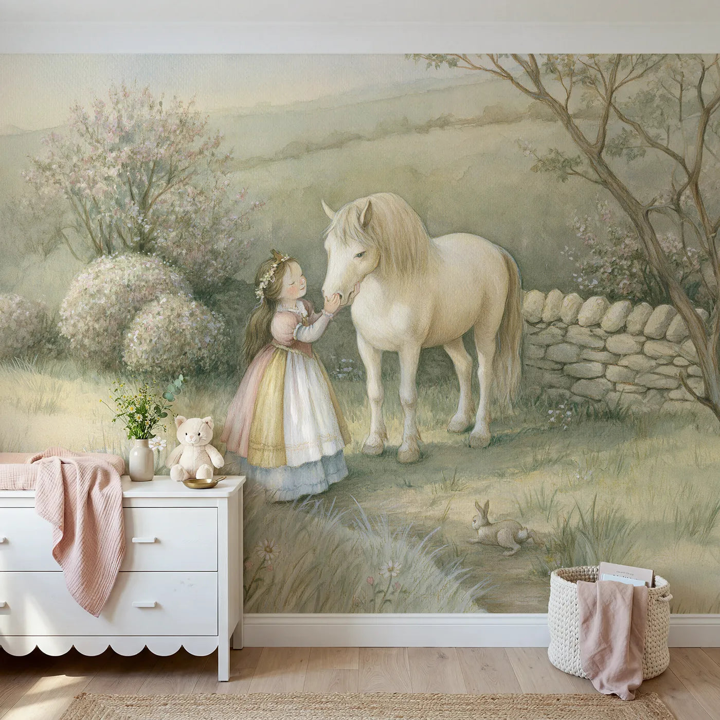 Storybook wall mural of a princess petting a pony on pale sage by Whimsy Tots
