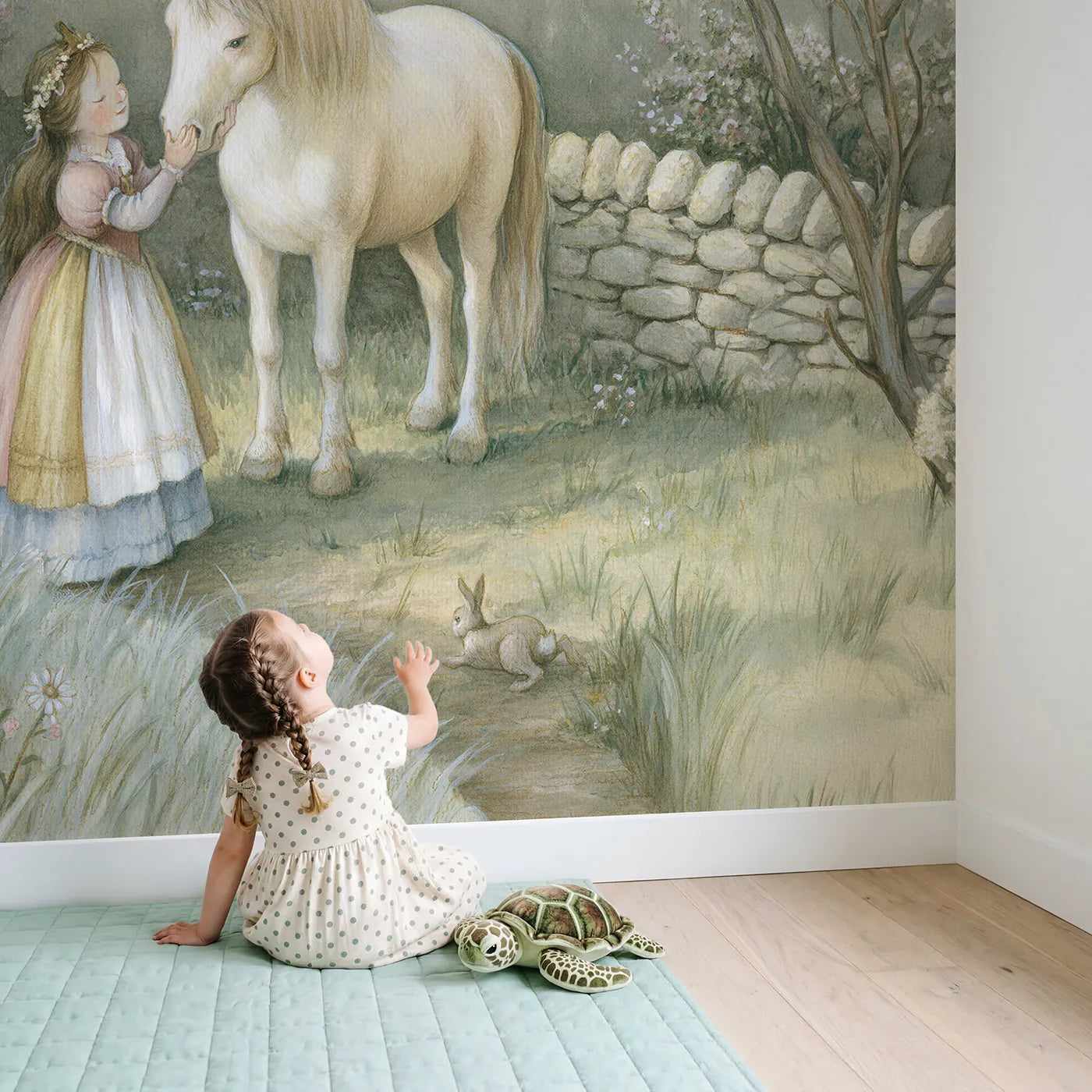 Child in nursery with Princess Pony Friend Wallpaper Mural by Whimsy Tots