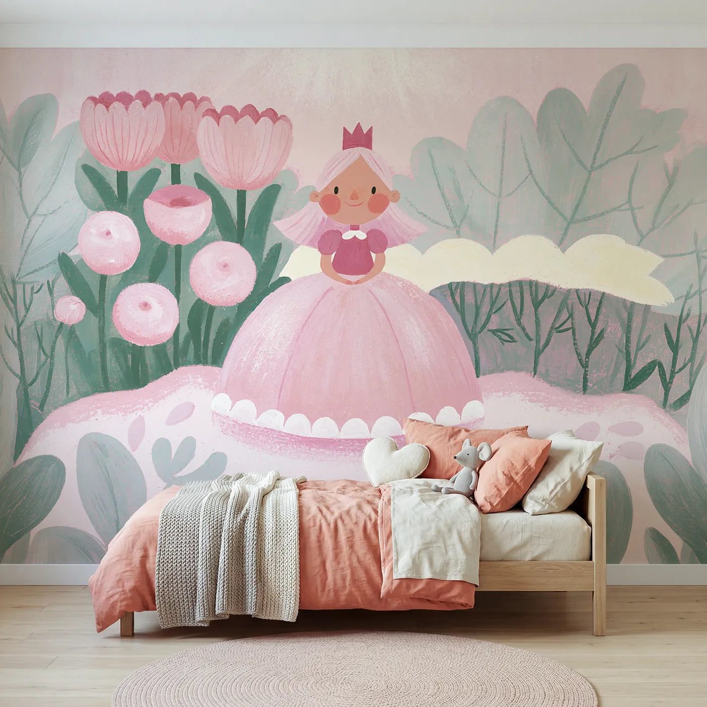 Gouache wall mural of a folk royal garden on soft blush by Whimsy Tots