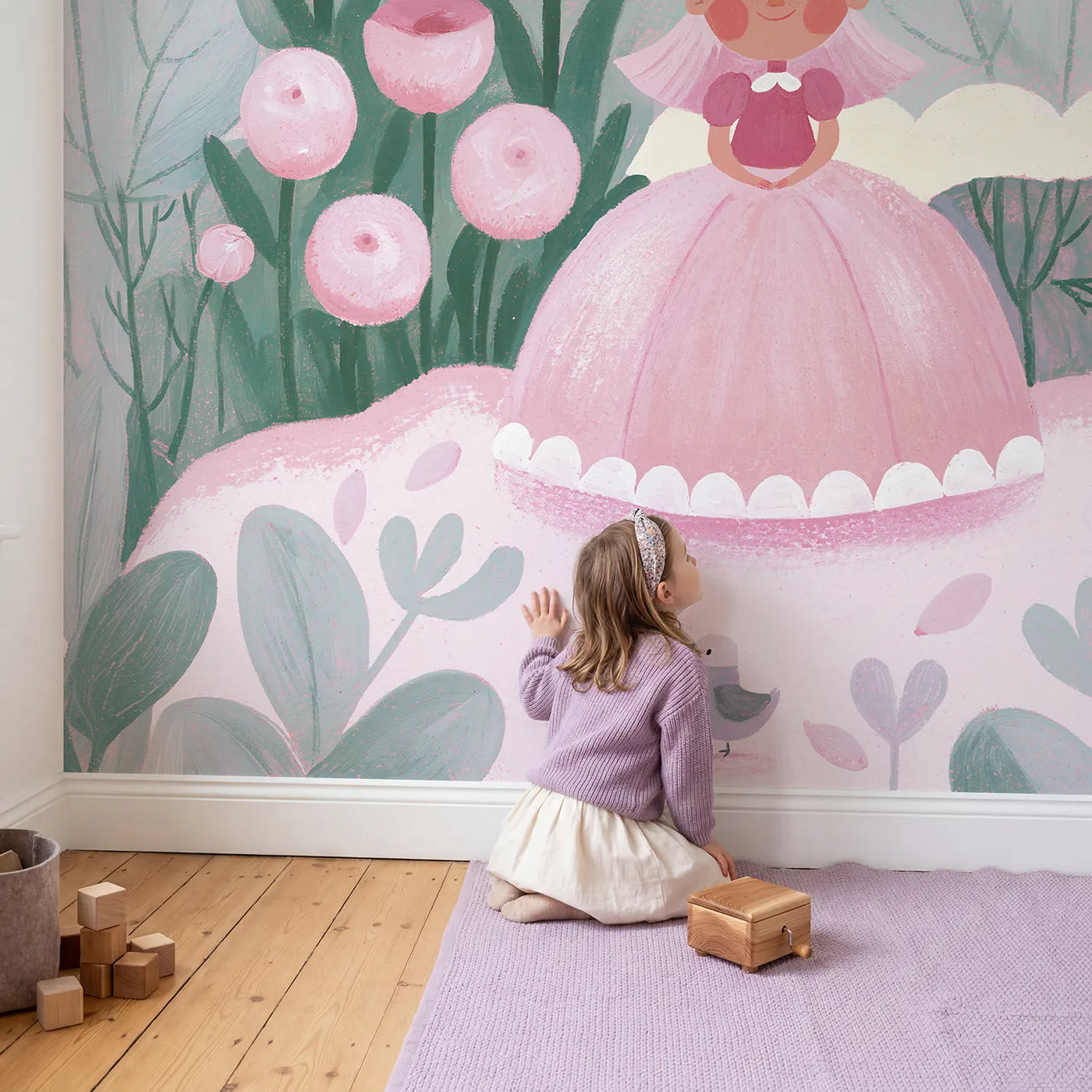 Child in nursery with Folk Royal Garden Wallpaper Mural by Whimsy Tots
