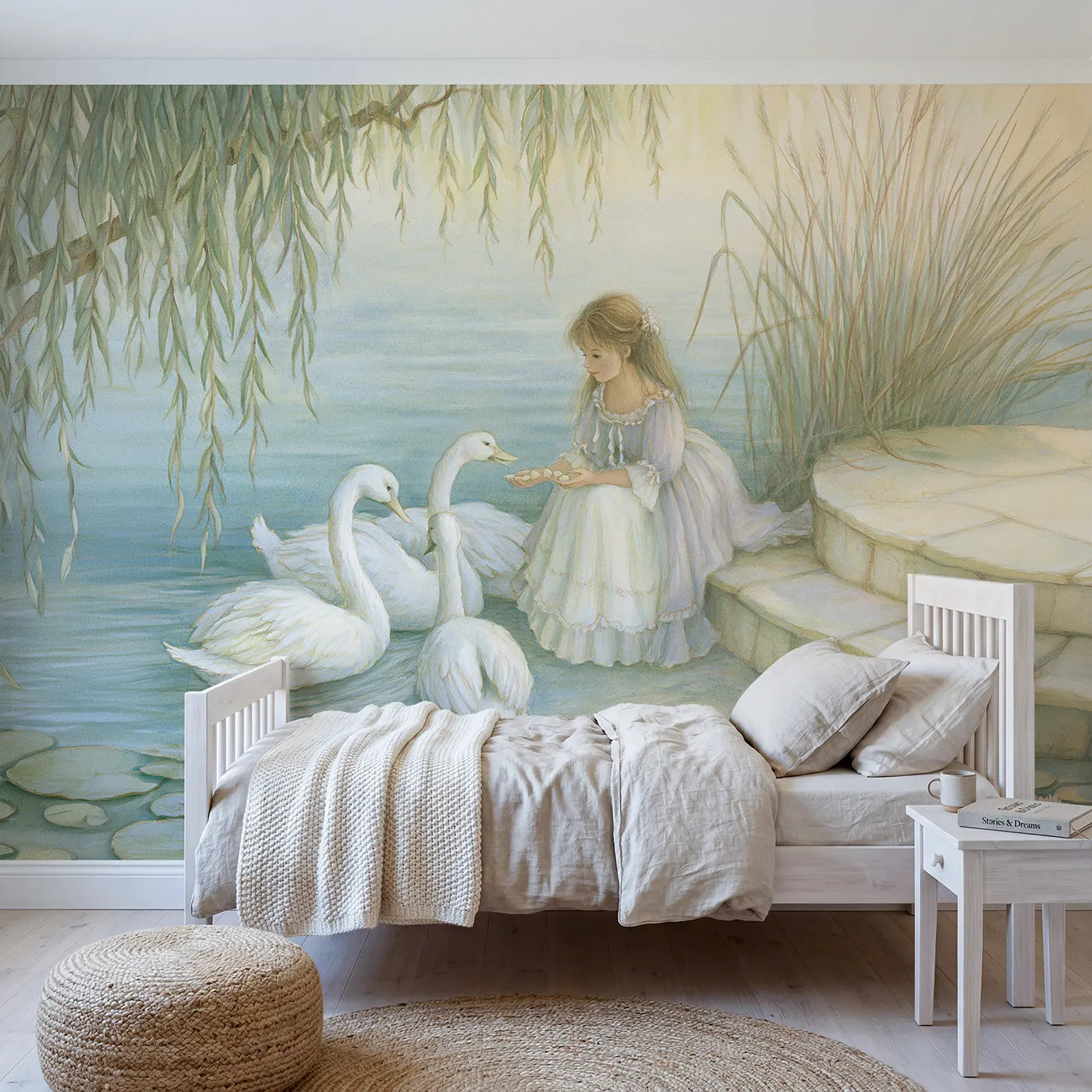 Storybook wall mural of a princess feeding swans on pale blue by Whimsy Tots