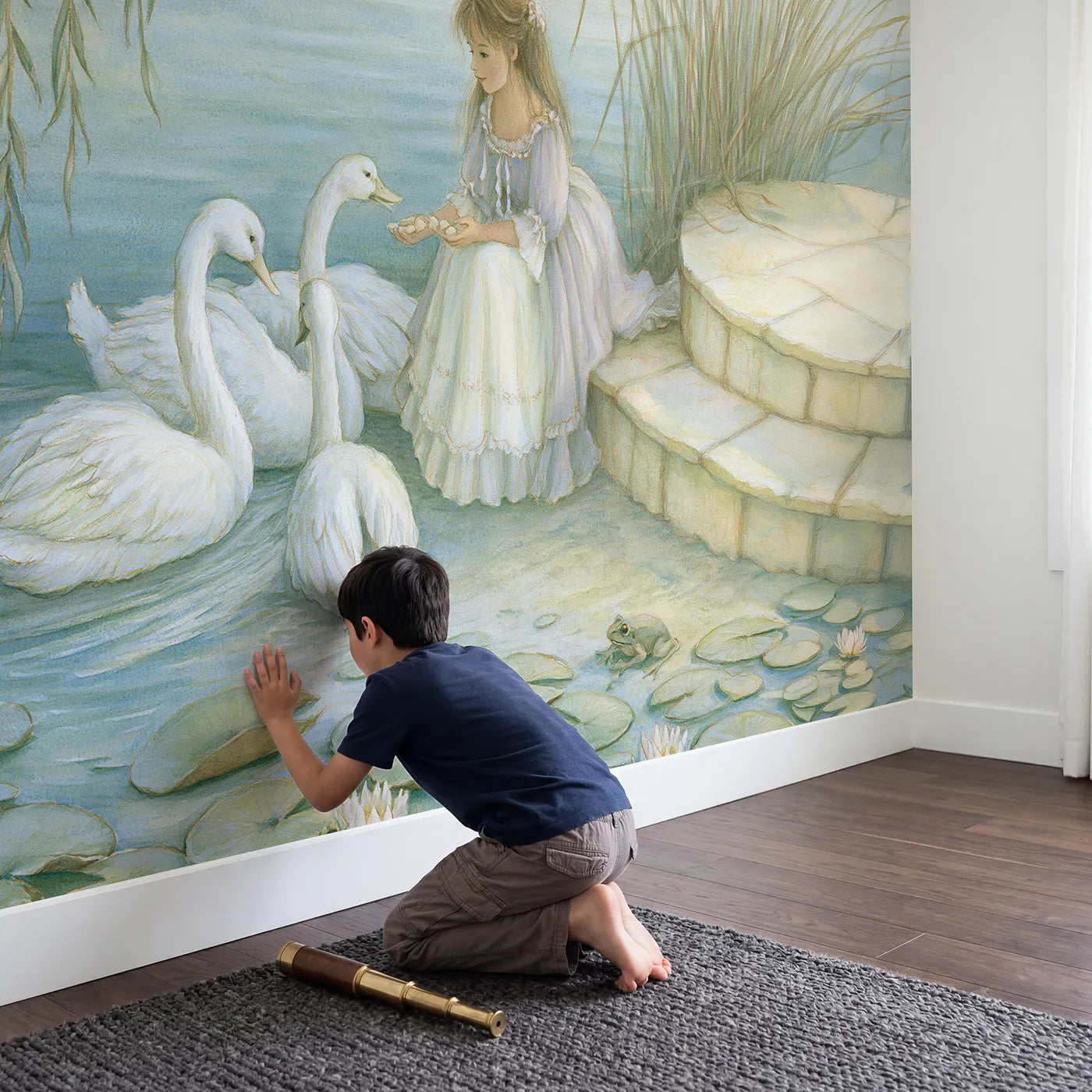 Child in nursery with Princess Swan Pond Wallpaper Mural by Whimsy Tots