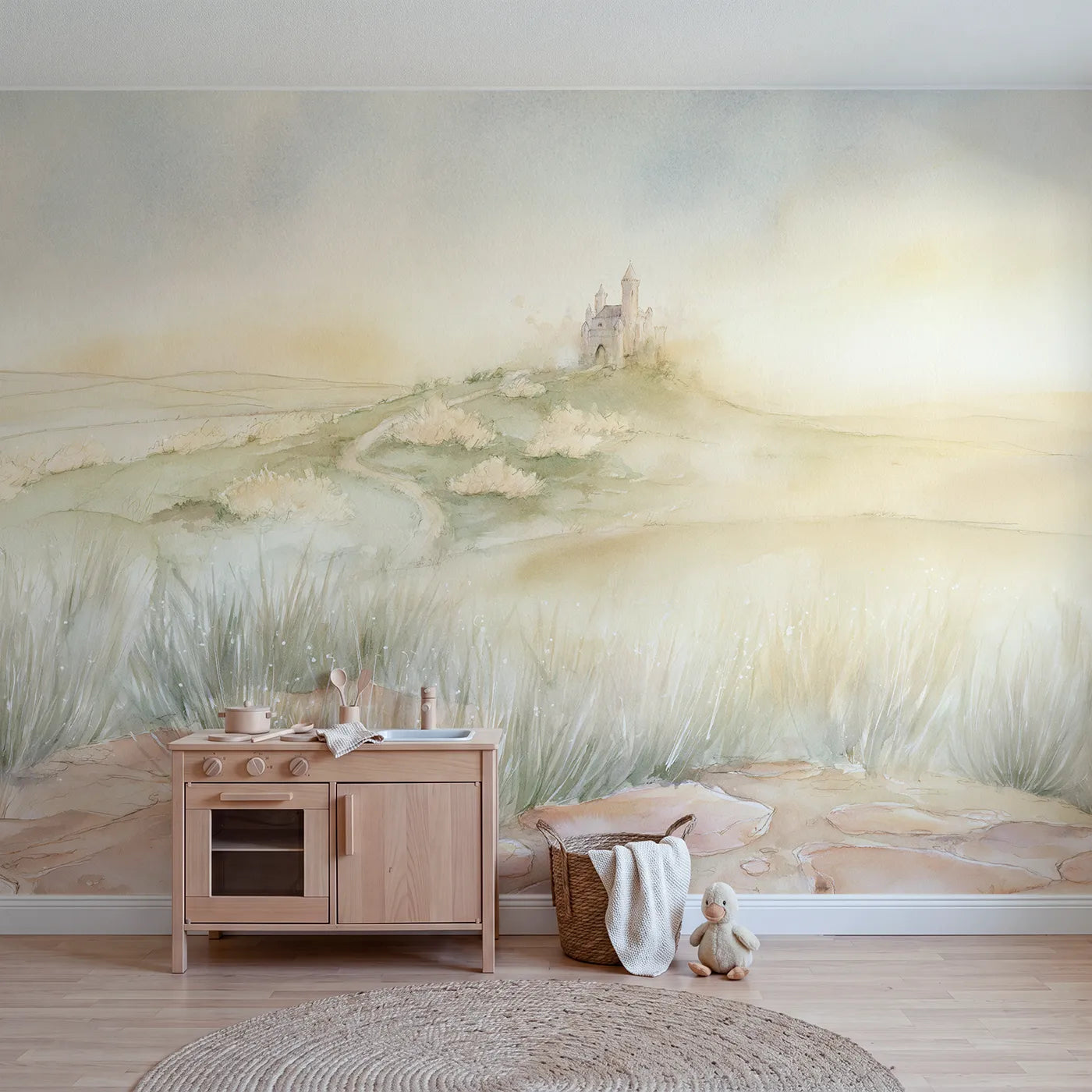 Watercolor wall mural of a misty castle on a hill on warm putty by Whimsy Tots