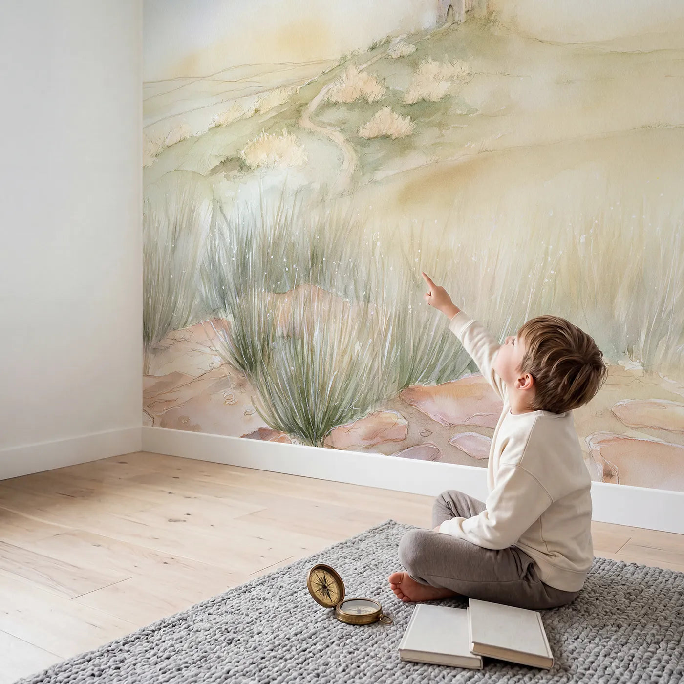 Child in nursery with Misty Fairytale Castle Wallpaper Mural by Whimsy Tots