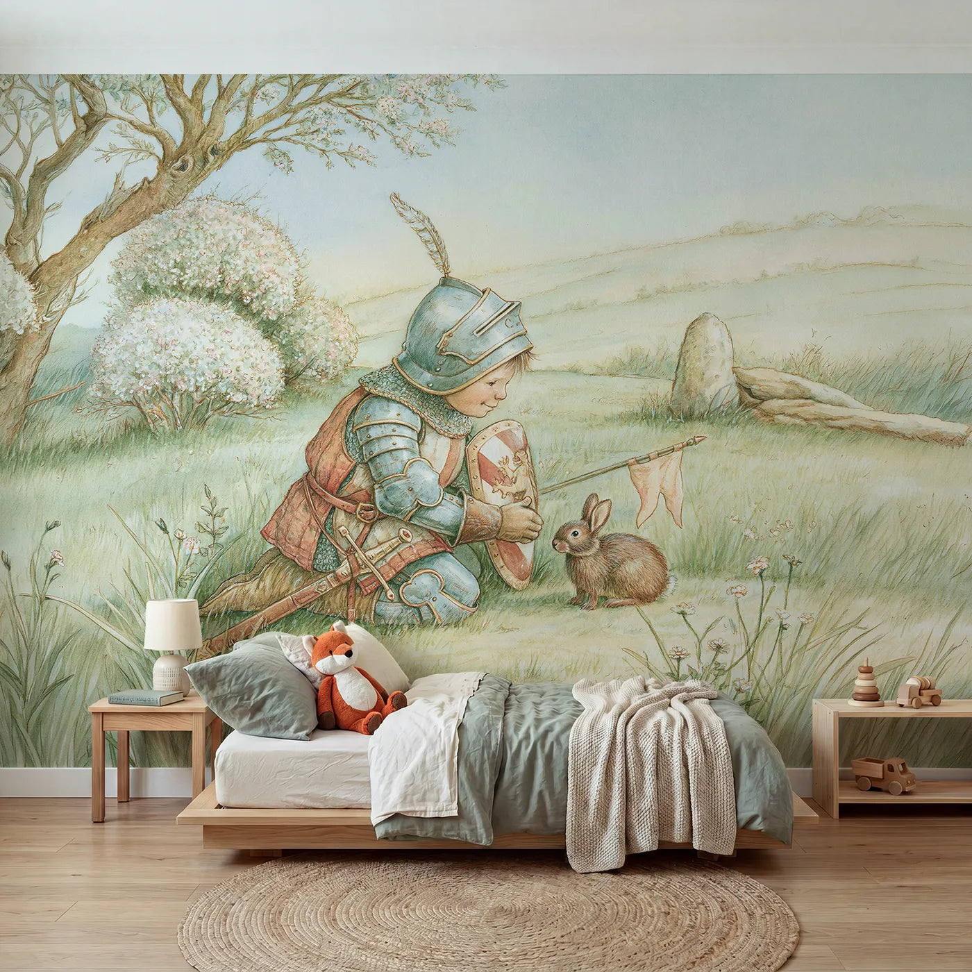 Storybook wall mural of a knight helping a small creature on warm putty by Whimsy Tots