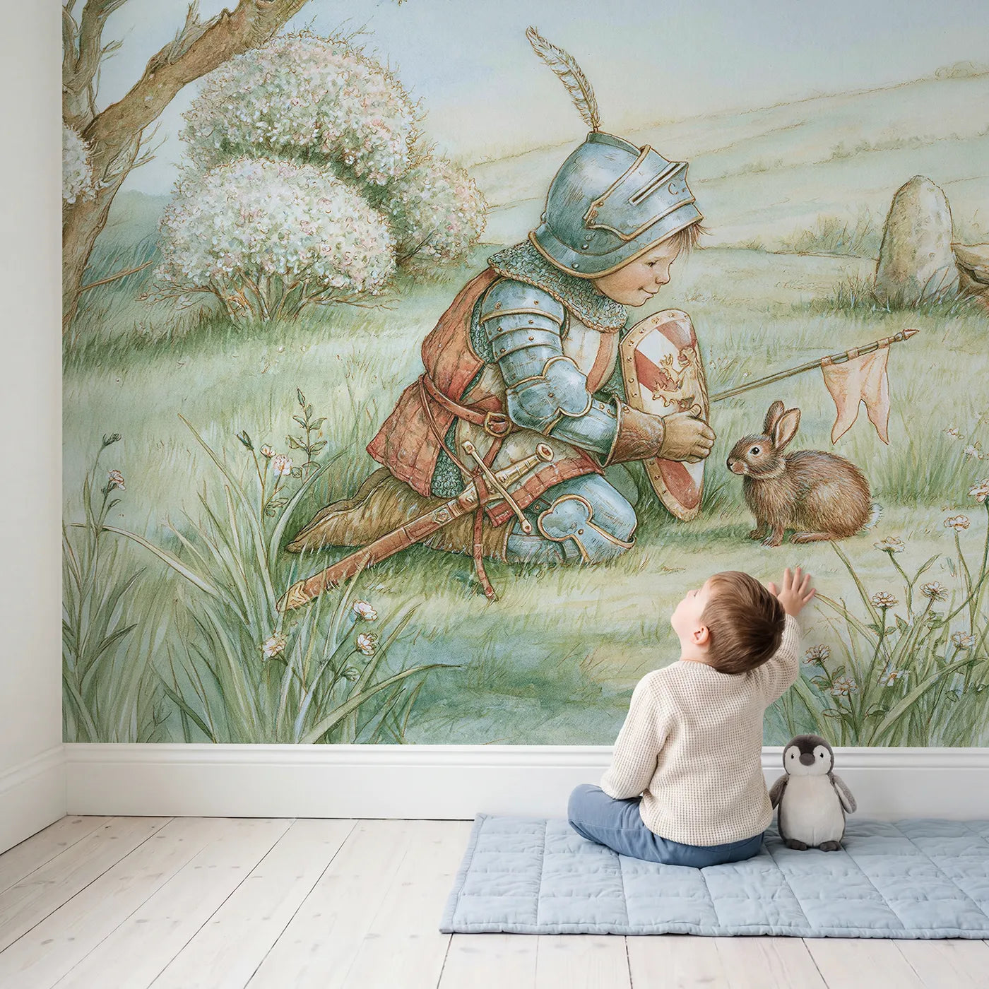 Child in nursery with Friendly Knight Helper Wallpaper Mural by Whimsy Tots