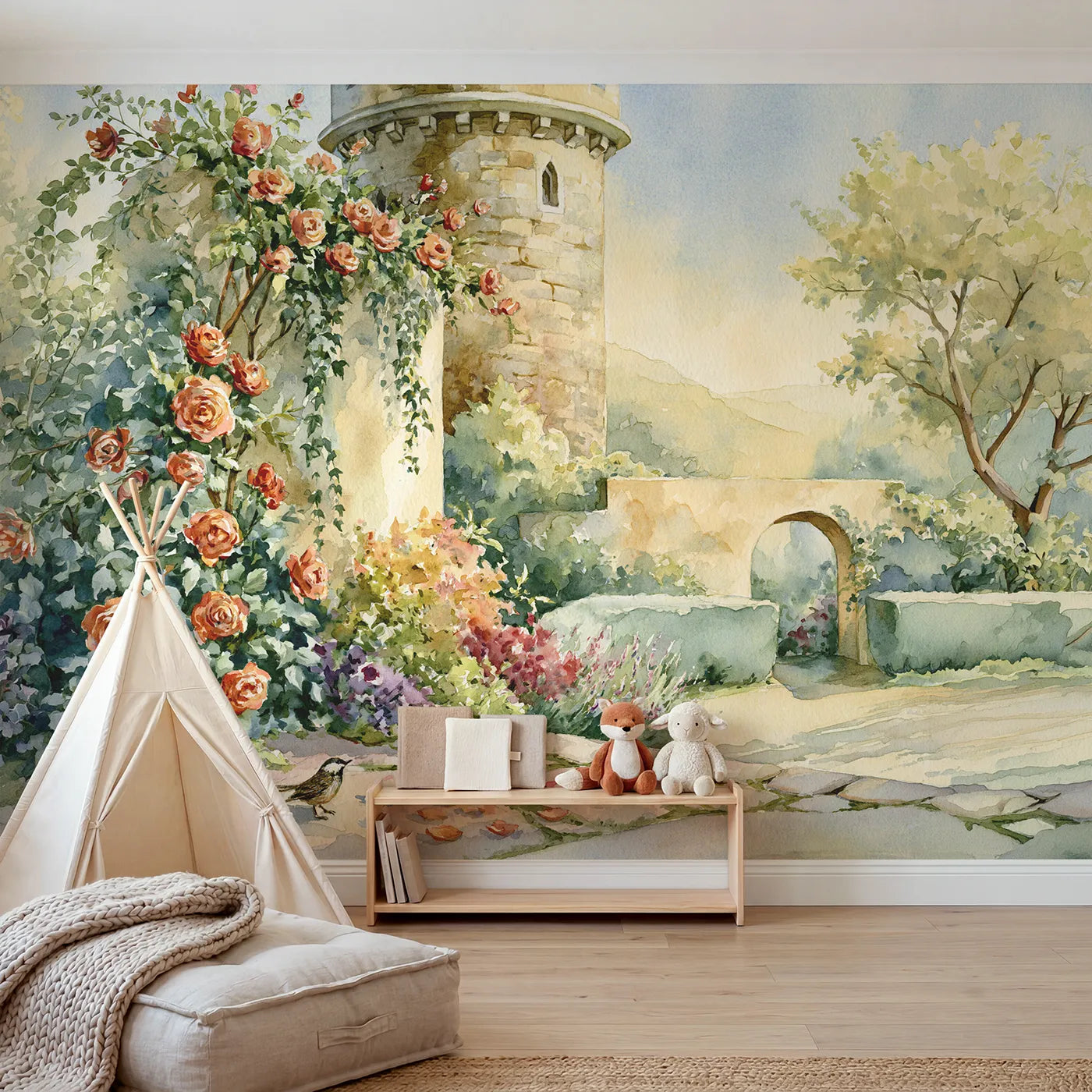 Watercolor wall mural of a castle tower and garden on warm putty by Whimsy Tots
