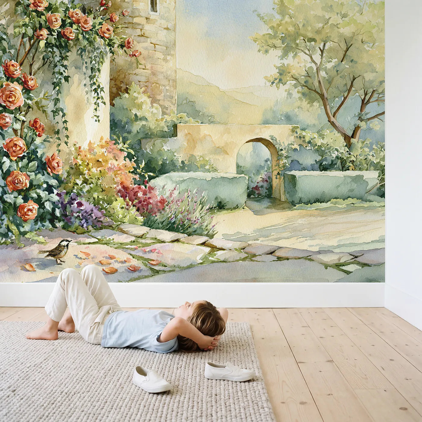 Child in nursery with Castle Tower Garden Wallpaper Mural by Whimsy Tots