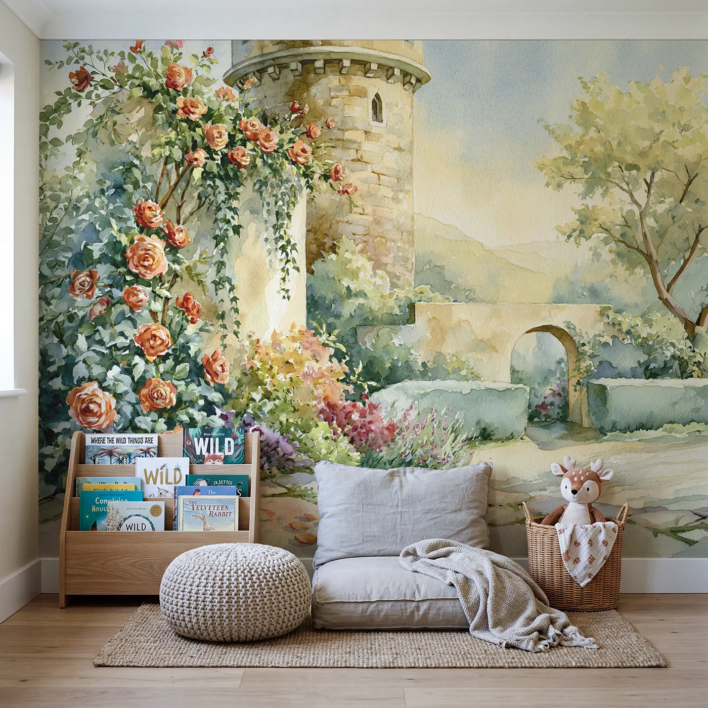 Castle Tower Garden Wallpaper Mural in playroom setting by Whimsy Tots
