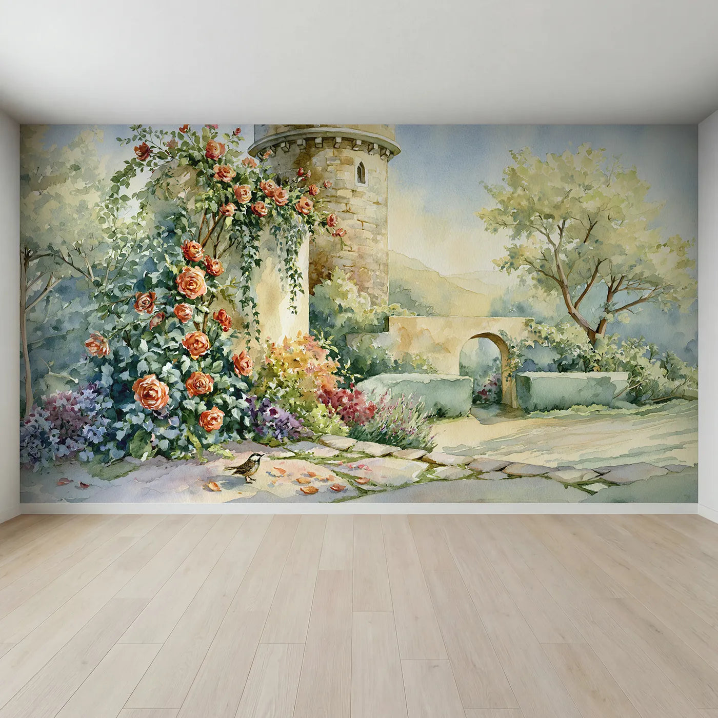 Full view of Castle Tower Garden Wallpaper Mural by Whimsy Tots