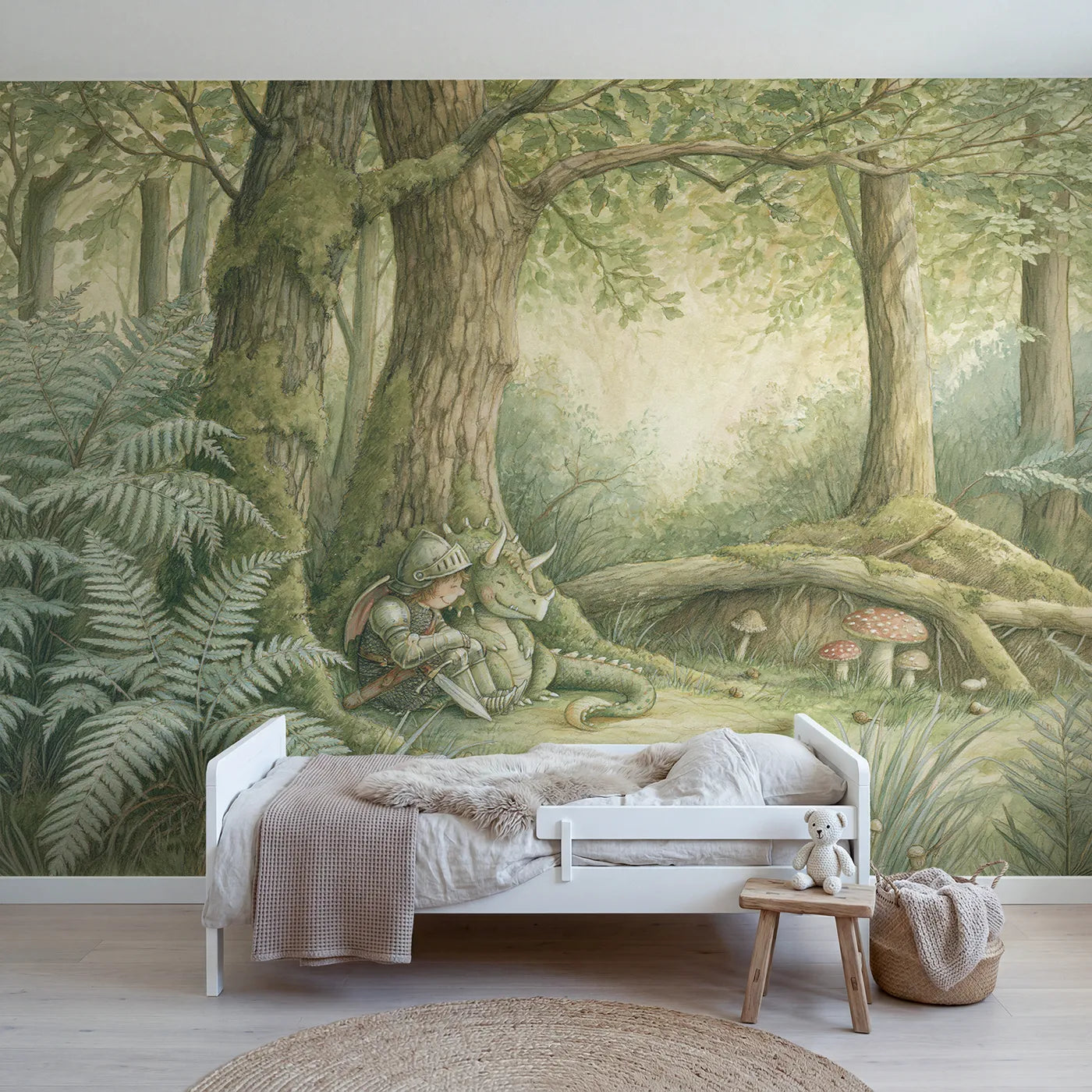 Storybook wall mural of a knight and dragon as friends on pale sage by Whimsy Tots