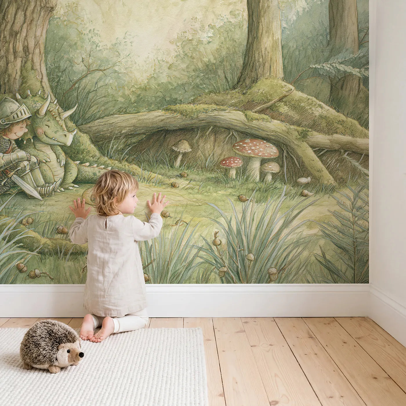 Child in nursery with Knight Dragon Friends Wallpaper Mural by Whimsy Tots