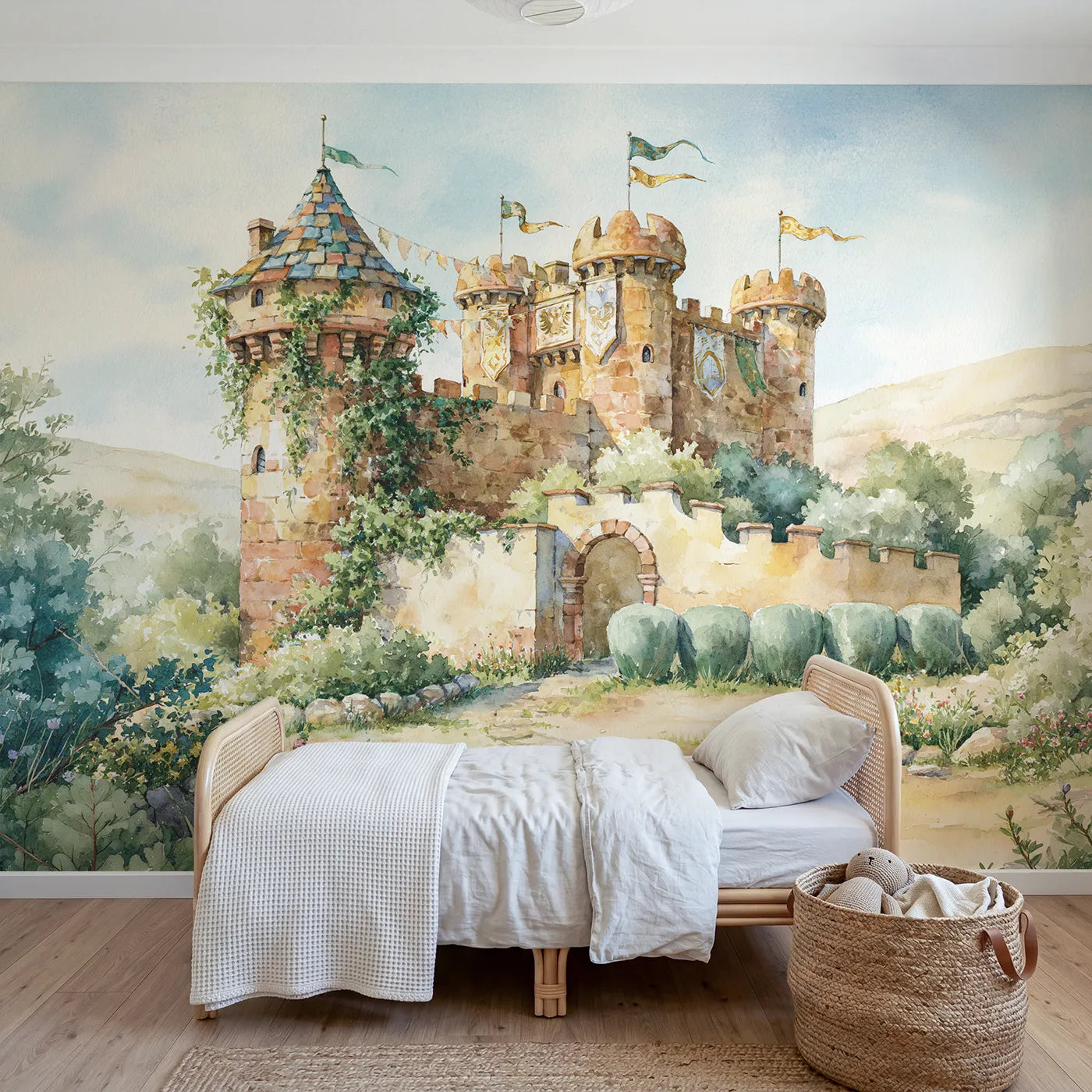 Watercolor wall mural of castle banners flying on warm putty by Whimsy Tots