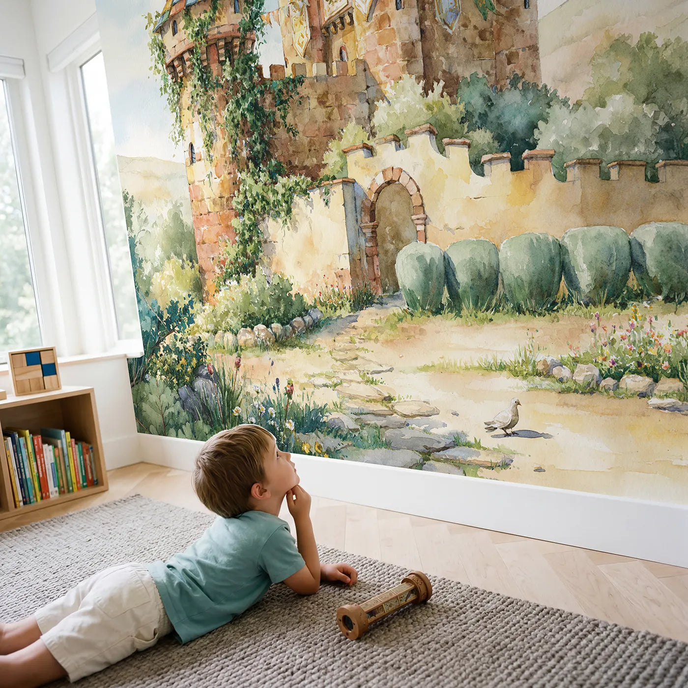 Child in nursery with Royal Castle Banners Wallpaper Mural by Whimsy Tots