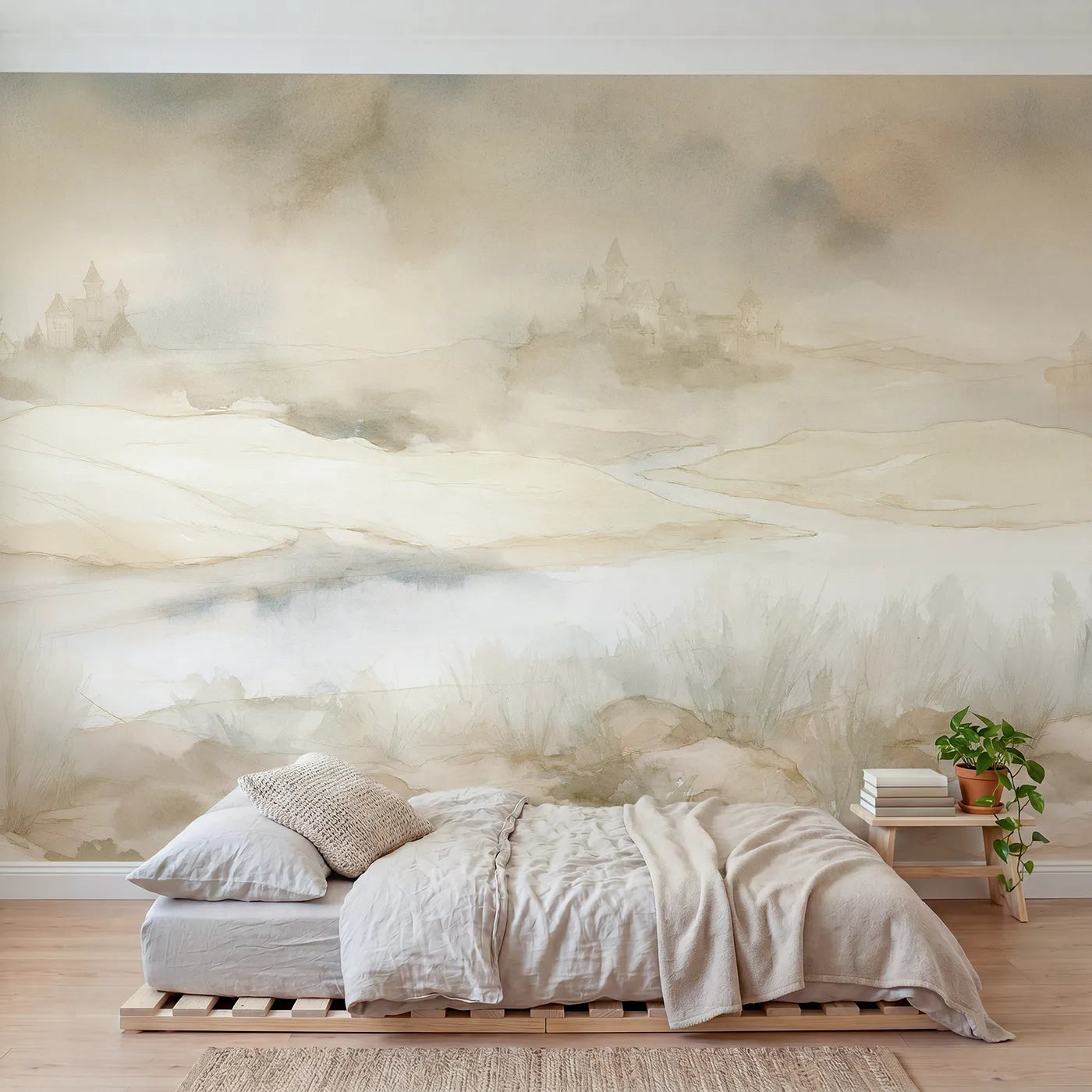 Watercolor wall mural of a distant castle in dawn mist on warm putty by Whimsy Tots