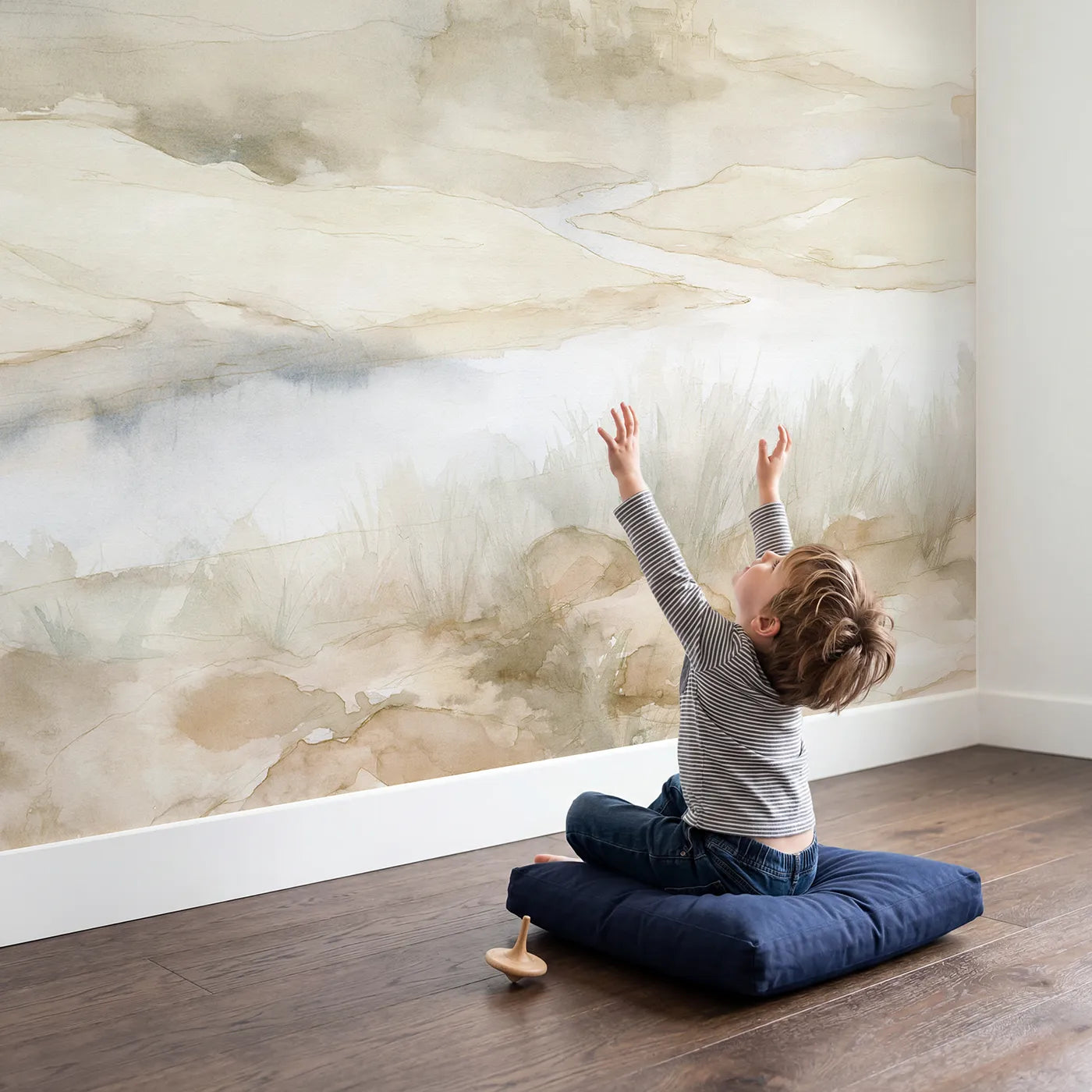Child in nursery with Distant Castle Dawn Wallpaper Mural by Whimsy Tots